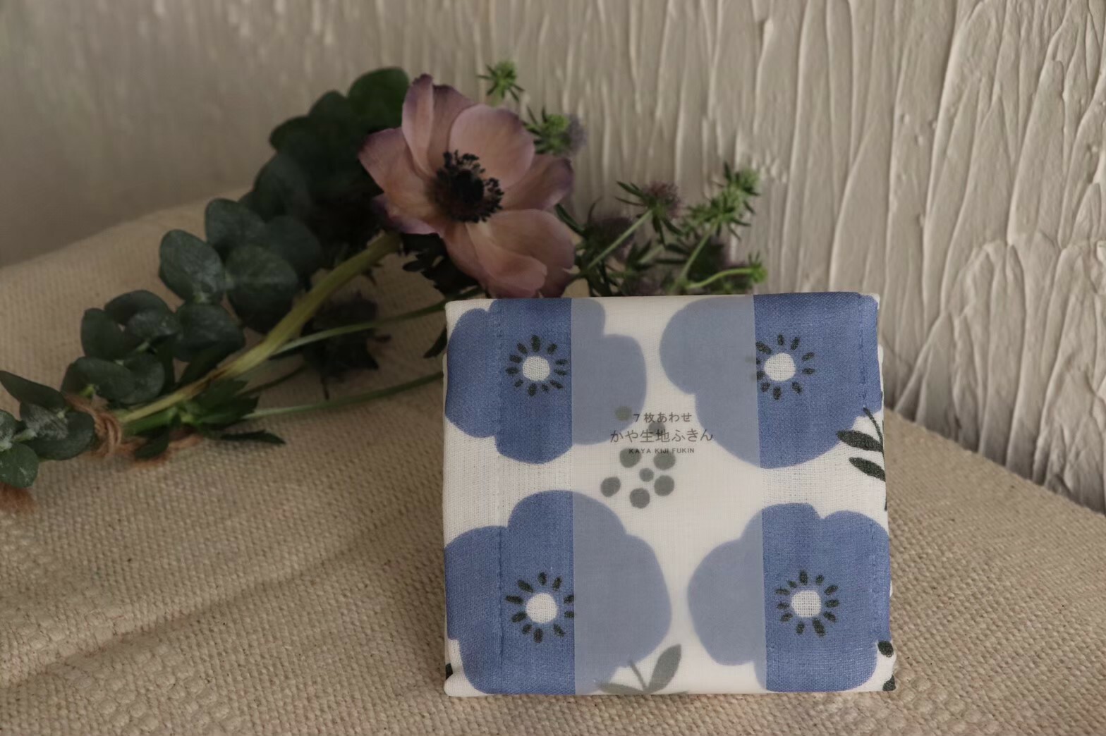 日本 原田織物 KAYA 七層棉紗 黃/藍花 蚊帳生地 抹布