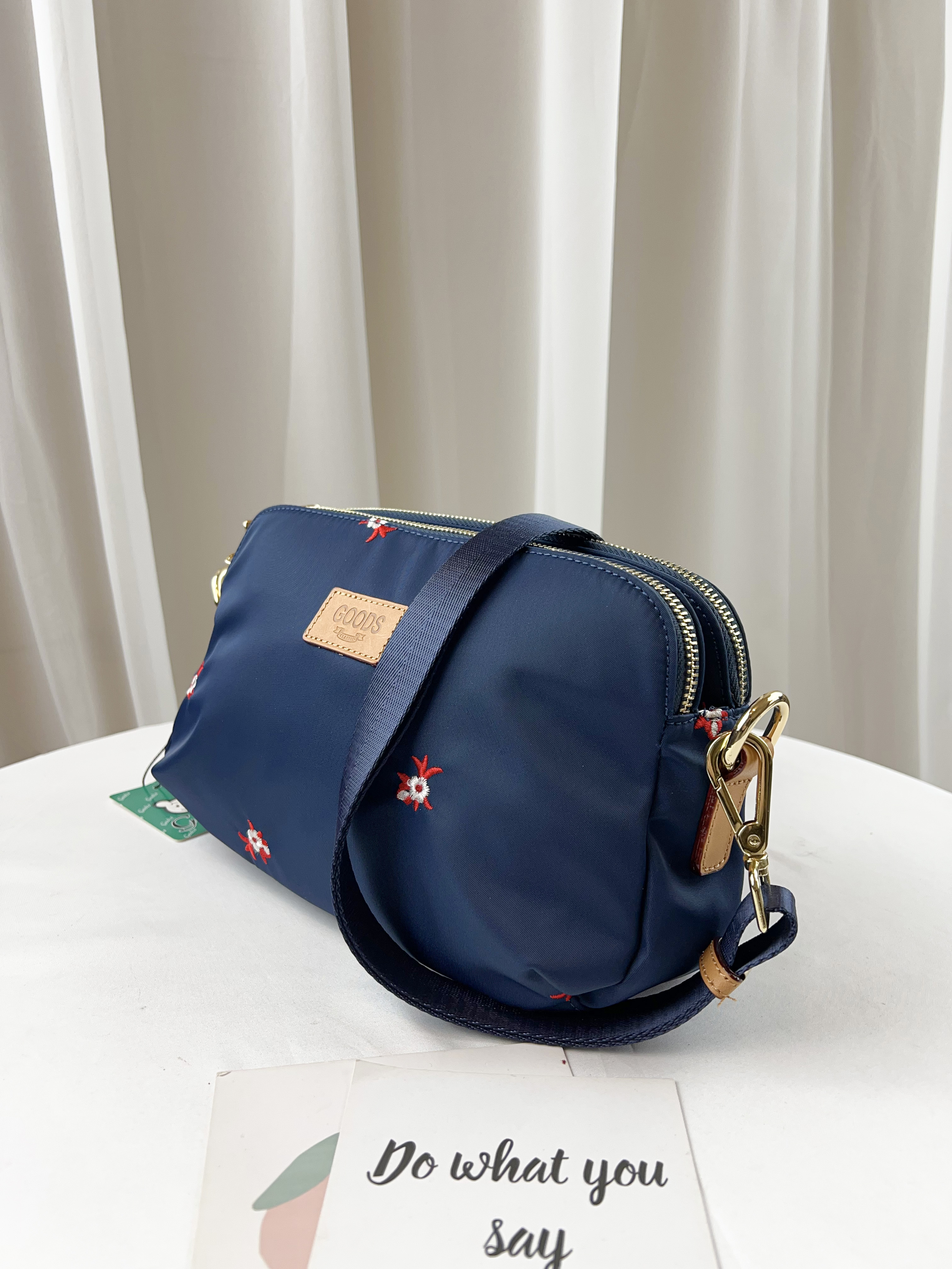 GOODS 復古繡花 寶藍尼龍側背包  #6160