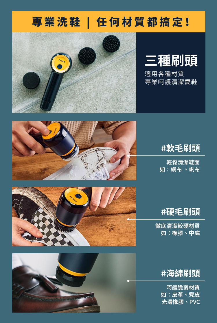 “洗鞋機有三種刷頭，可清潔白鞋、麂皮、皮革、針織、帆布材質。​