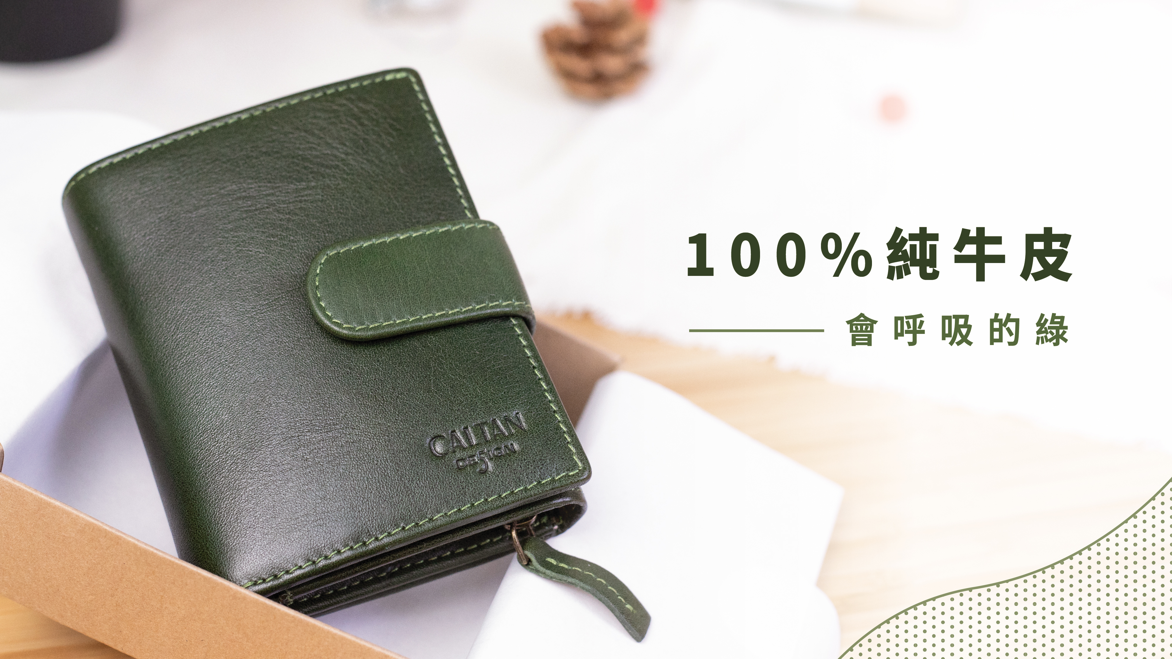 盒子裡放caltan綠色皮件
