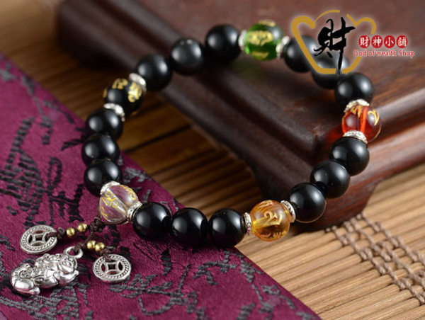 【財神小舖】六字箴言黑曜石手鍊-貔貅咬錢 (8mm)(含開光)