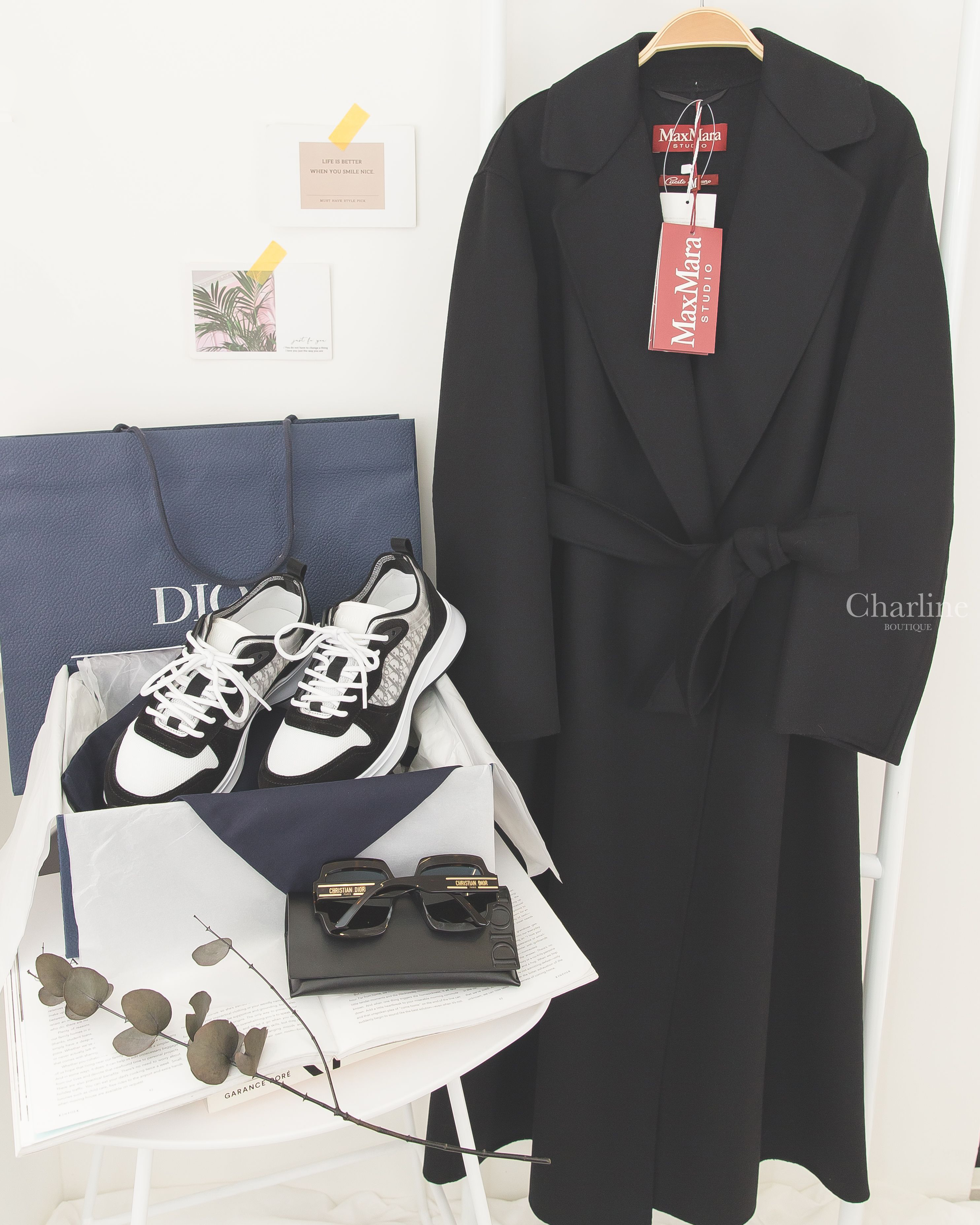 Dior Sneaker 灰色老花帆布拼黑色麂皮運動鞋,Dior Sunglasses 棕色玳瑁方框藍色鏡片側邊金色Logo太陽眼鏡,Max Mara Abrigo 黑色附腰帶綿羊毛長領子後開衩長袖外套-Charline Boutique 精品代購