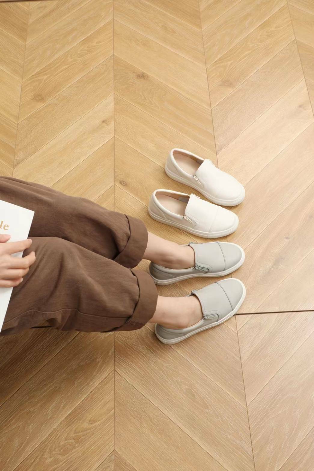 氣質拉鍊小牛皮懶人鞋