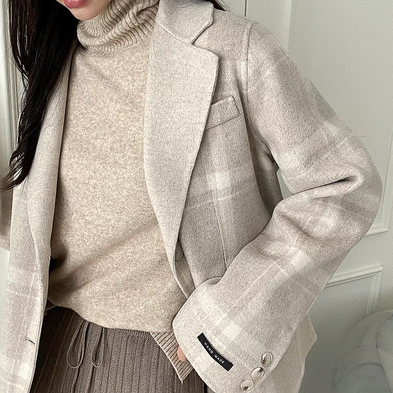 Handmade90%羊毛格紋大衣(淺)