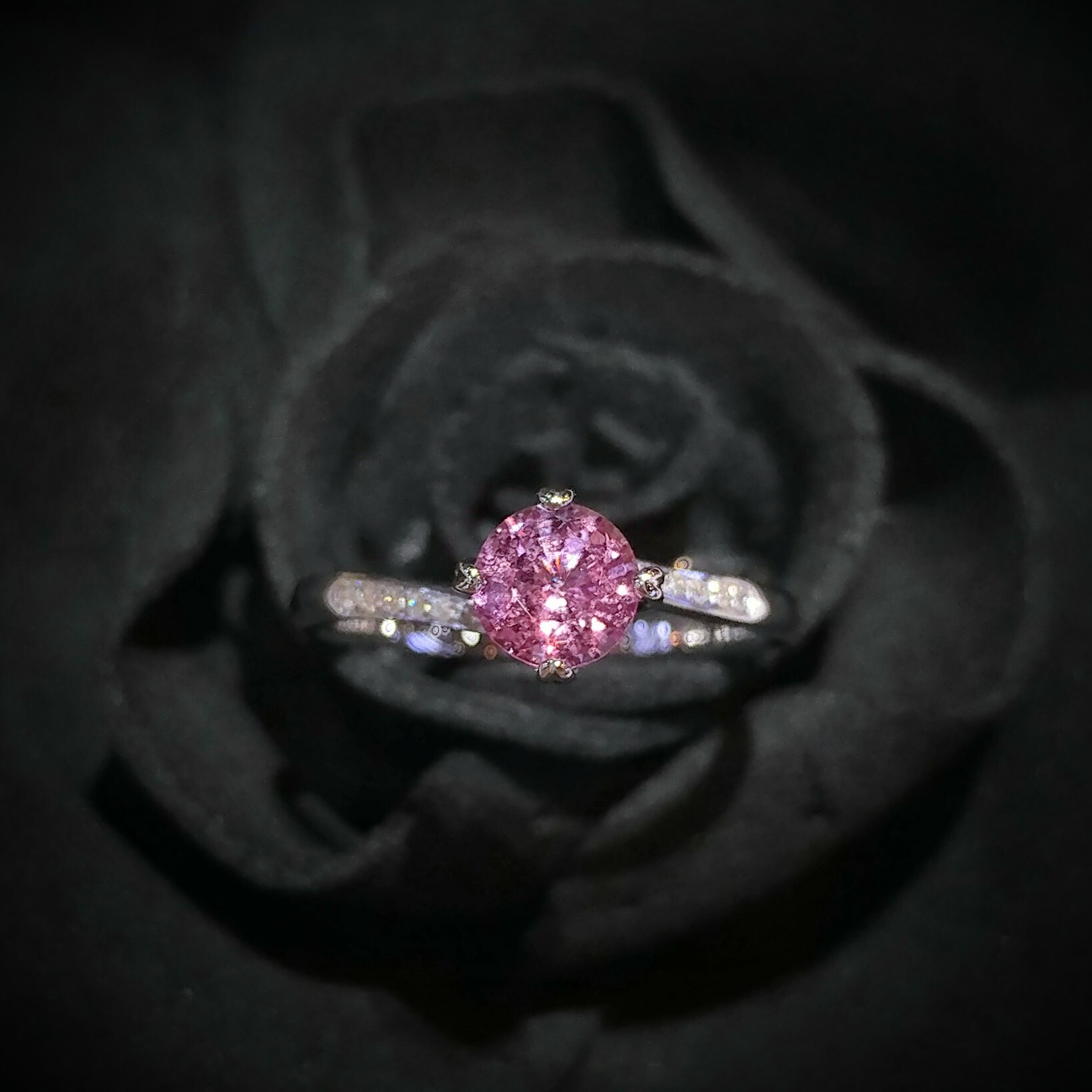 全新18K白金【單粒71份粉紅藍寶】配4份鑽石戒指