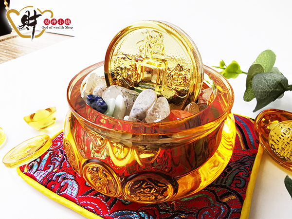 【財神小舖】轉運金錢-琉璃水晶聚寶盆擺件(旺運)(含開光)