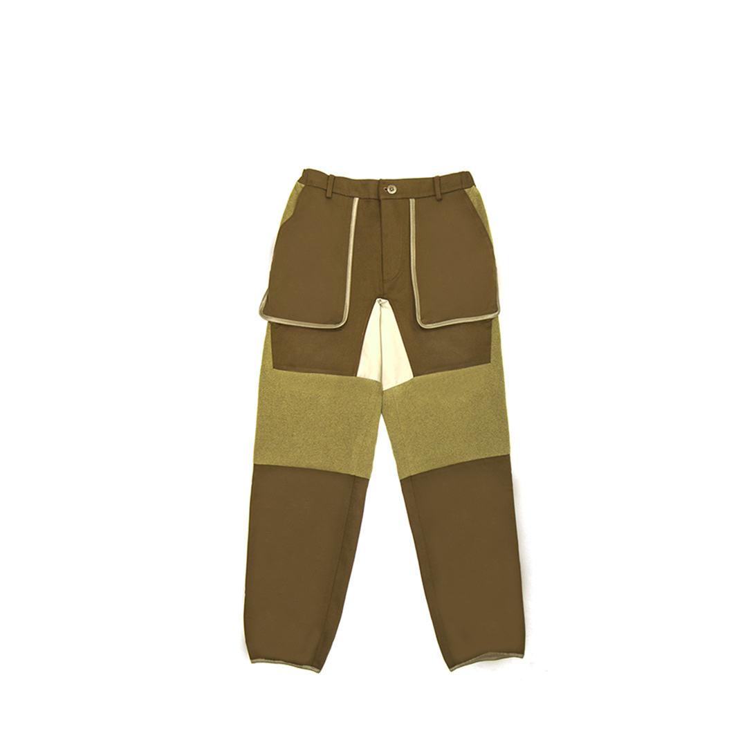 牡蠣絨立體袋剪接長褲 - 橄欖綠