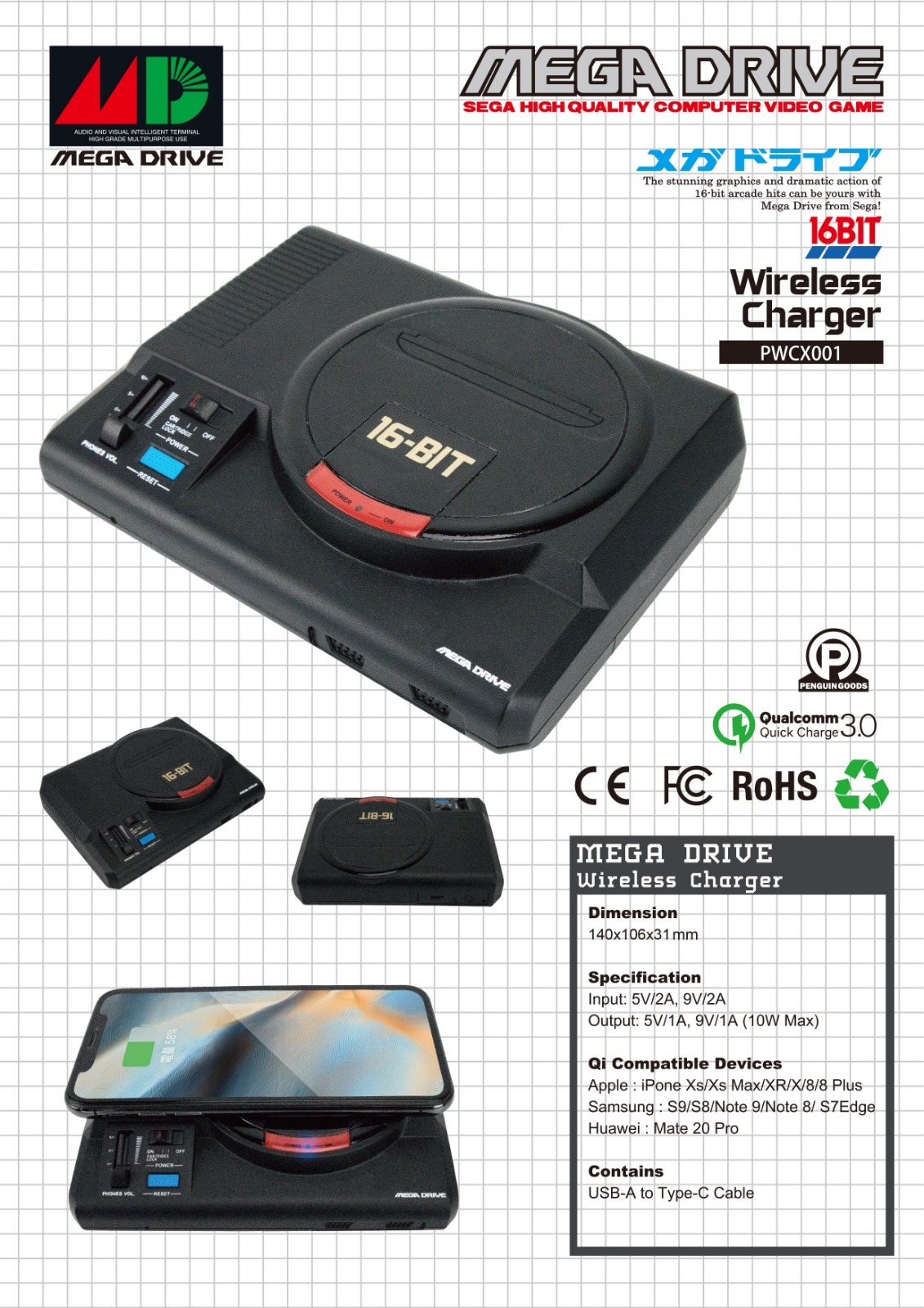 正版授權 Game迷們回憶系列:經典遊戲機立體模型無線充電器 - Mega Drive
