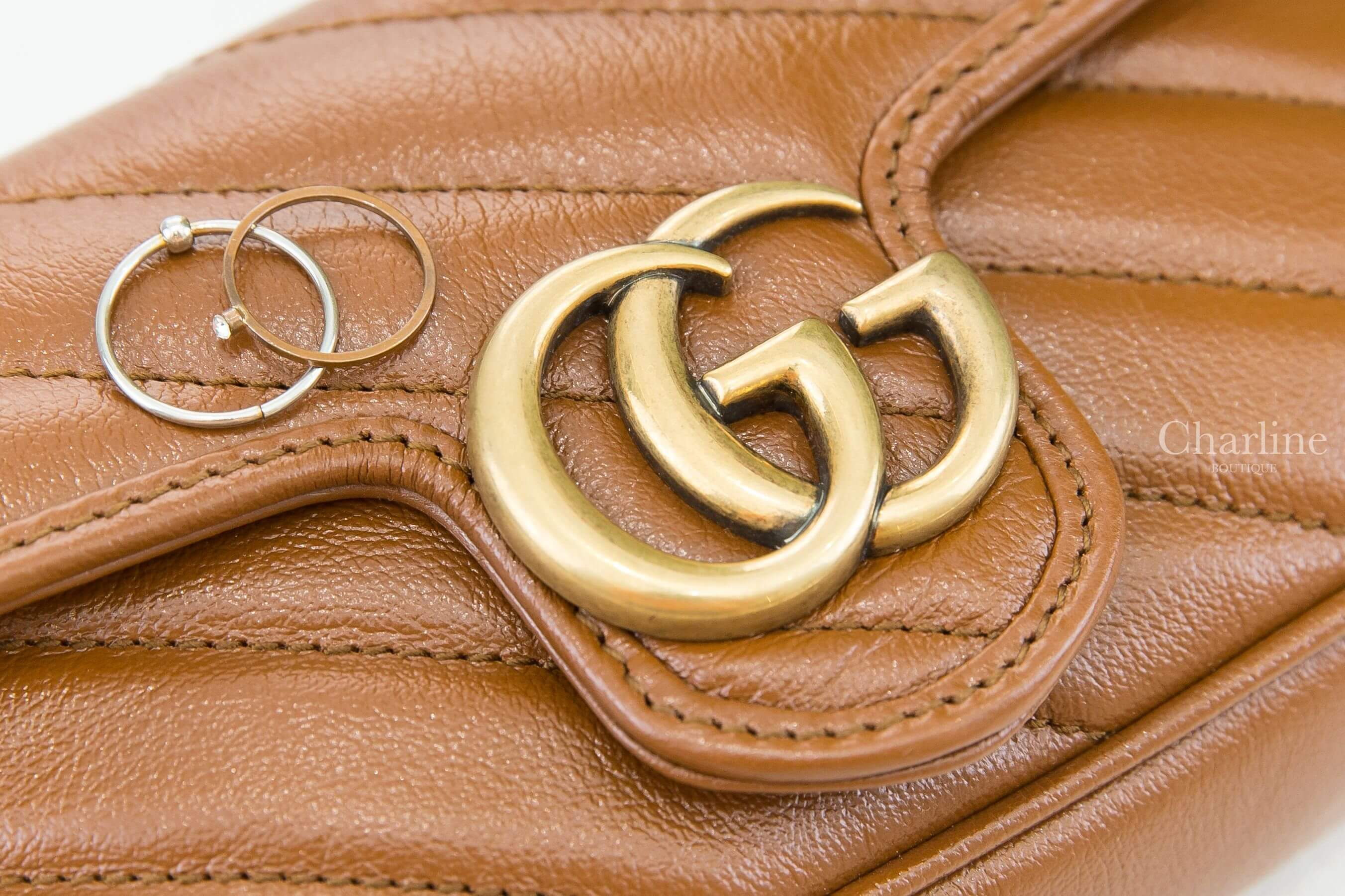 Gucci GG Marmont Matelassé Super Mini Bag 棕色古銅金GG超迷你斜紋鍊帶肩背包