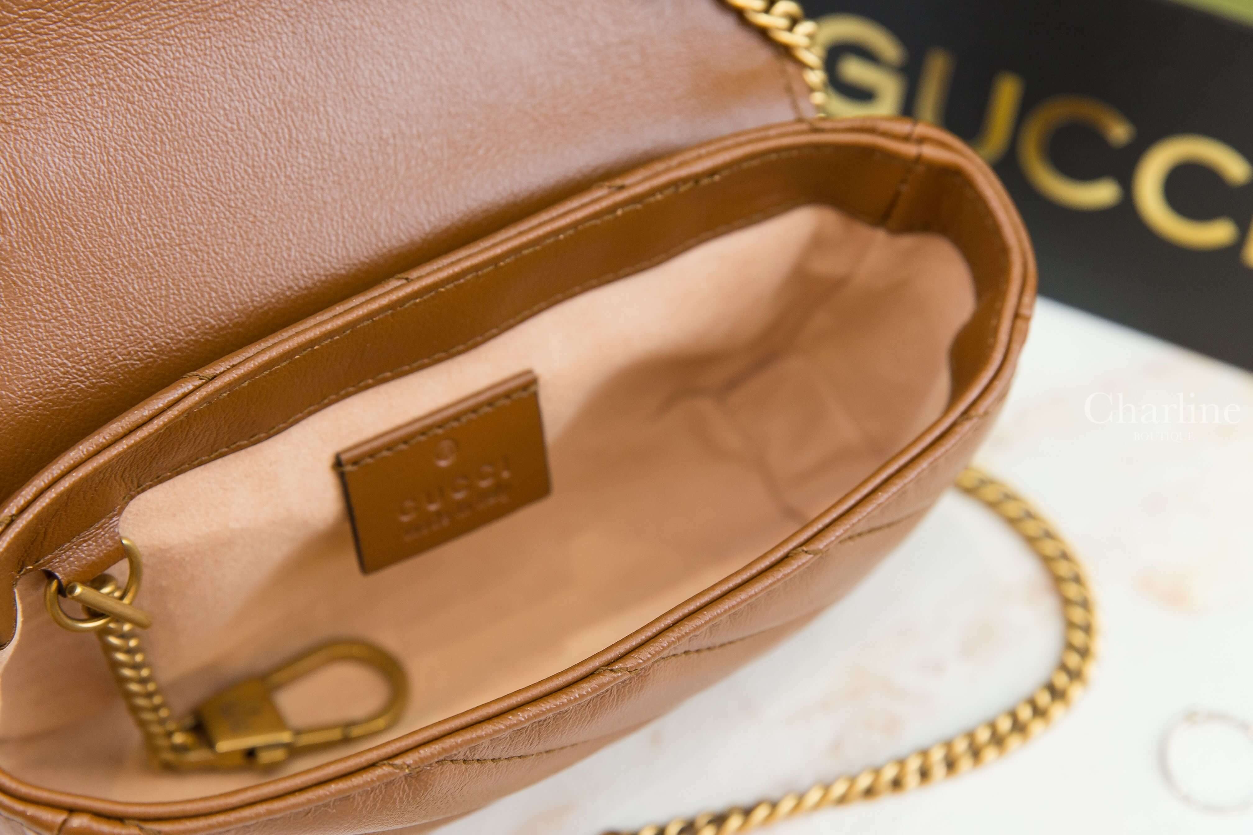 Gucci GG Marmont Matelassé Super Mini Bag 棕色古銅金GG超迷你斜紋鍊帶肩背包-Charline Boutique 精品代購