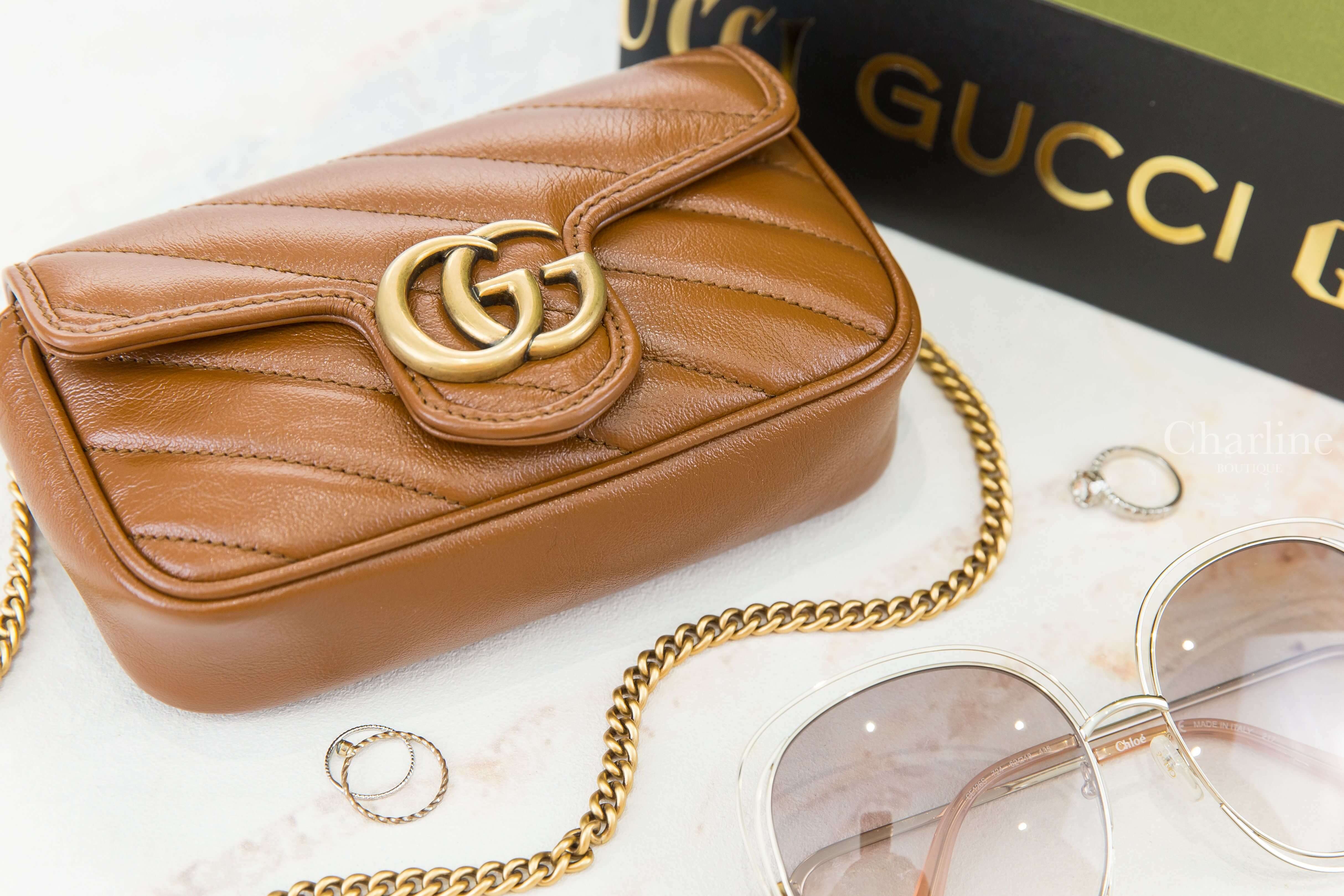 Gucci GG Marmont Matelassé Super Mini Bag 棕色古銅金GG超迷你斜紋鍊帶肩背包-Charline Boutique 精品代購