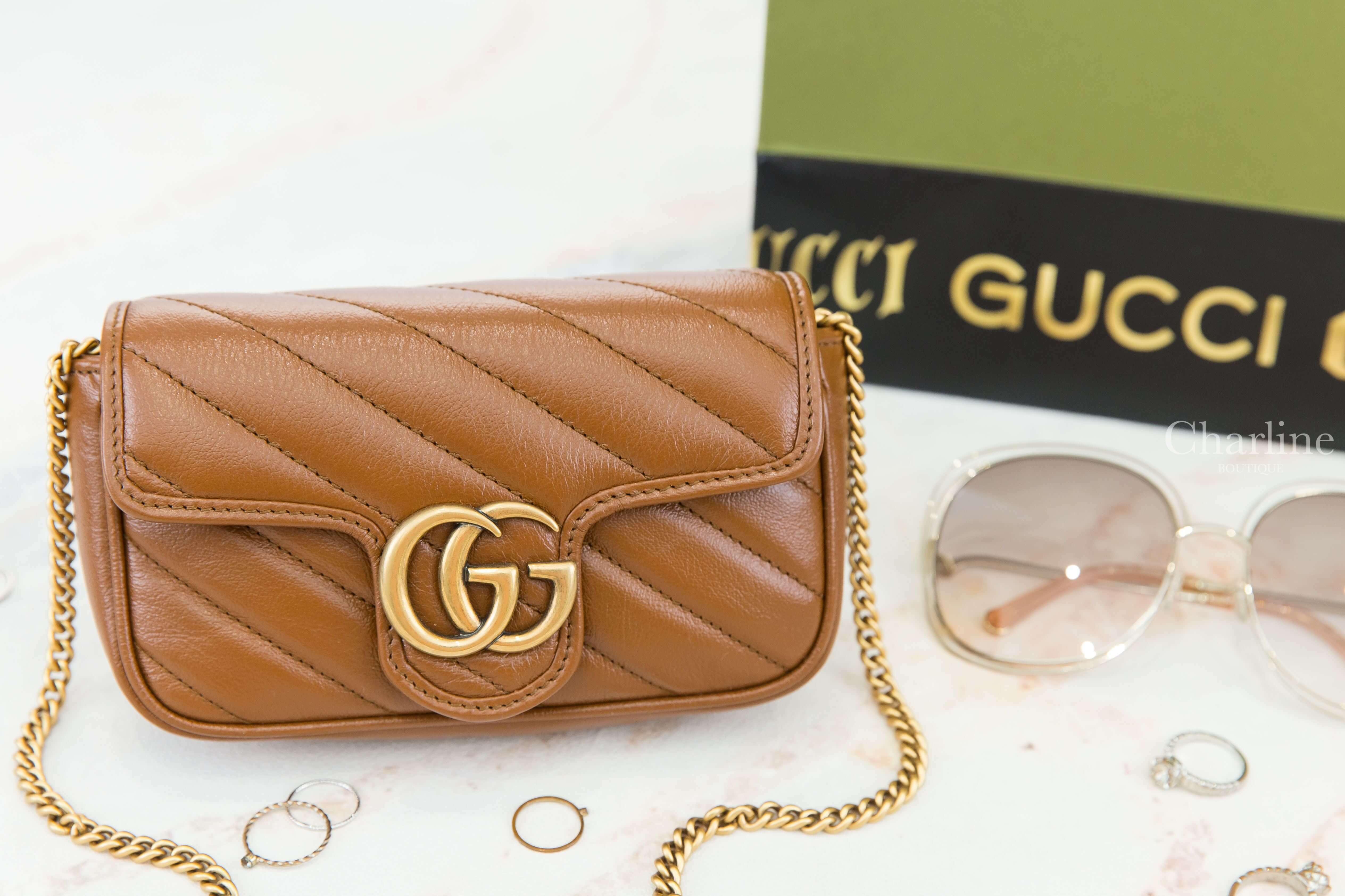 Gucci GG Marmont Matelassé Super Mini Bag 棕色古銅金GG超迷你斜紋鍊帶肩背包