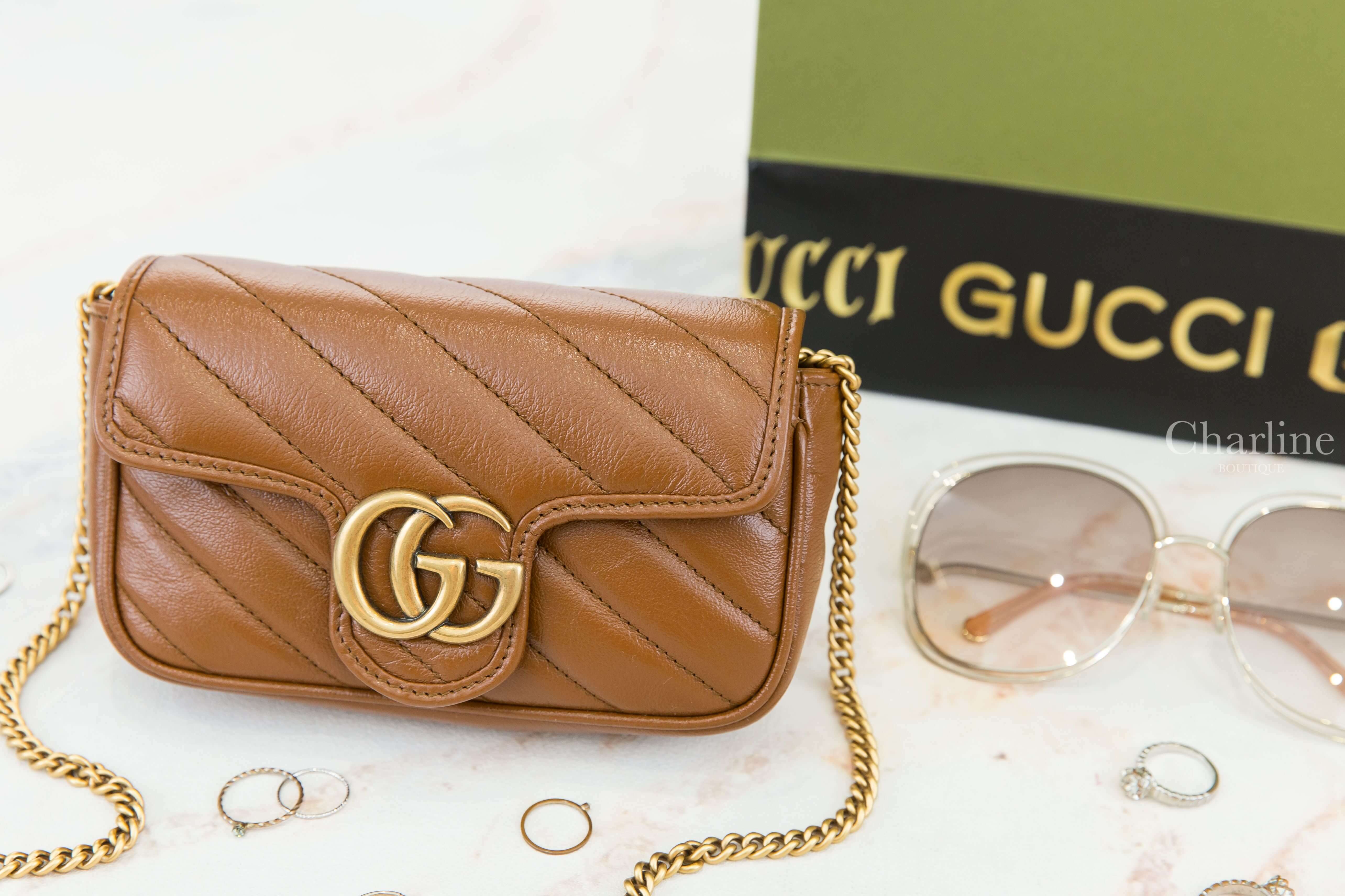 Gucci GG Marmont Matelassé Super Mini Bag 棕色古銅金GG超迷你斜紋鍊帶肩背包-Charline Boutique 精品代購