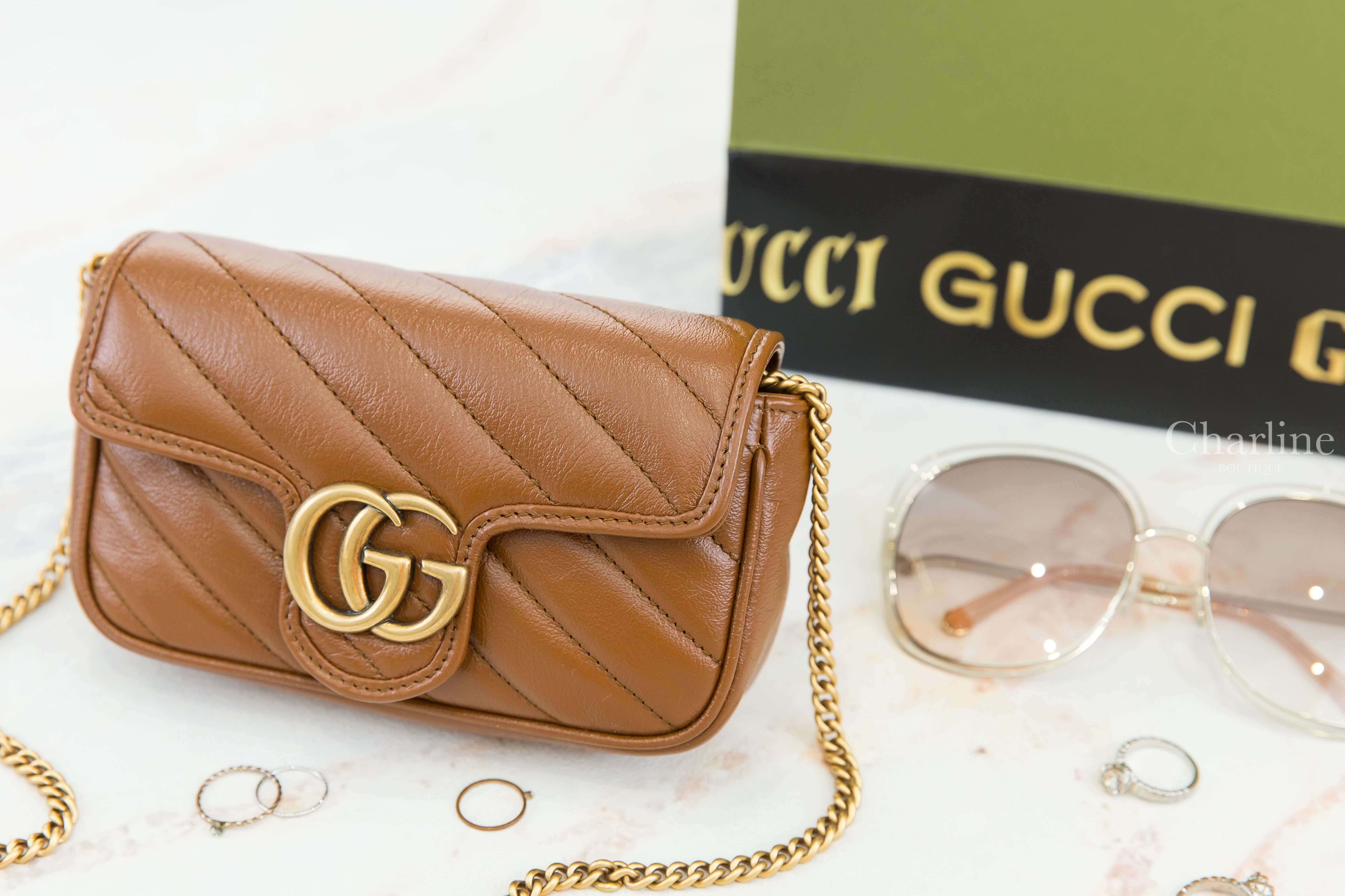 Gucci GG Marmont Matelassé Super Mini Bag 棕色古銅金GG超迷你斜紋鍊帶肩背包-Charline Boutique 精品代購