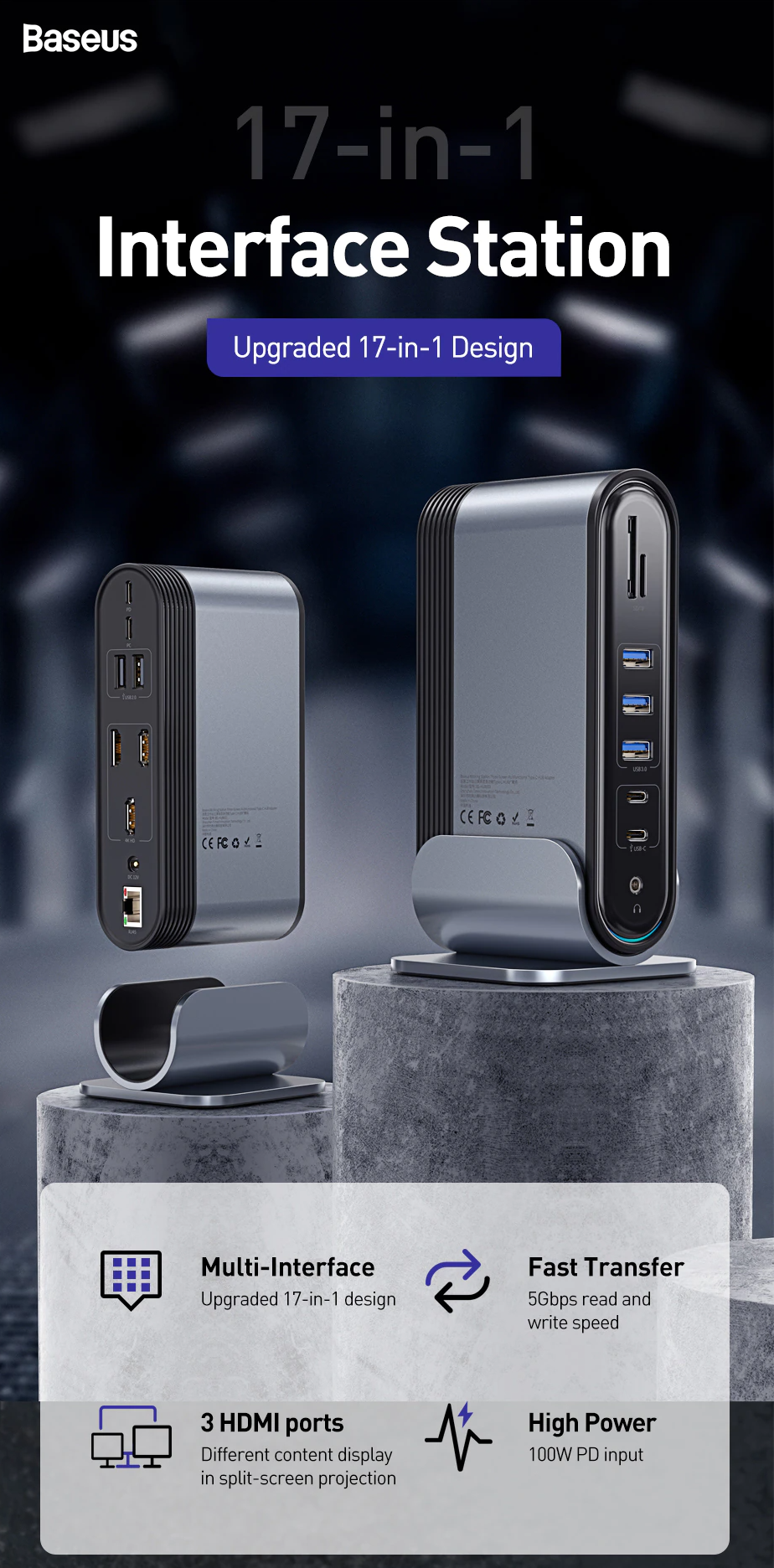 BASEUS 十七合一接口Type-C HUB擴展工作站(PD100W/USB3.0/4K 60HZ/SD/TF/Type-c/5Gbps讀寫/1000Mbps網速)