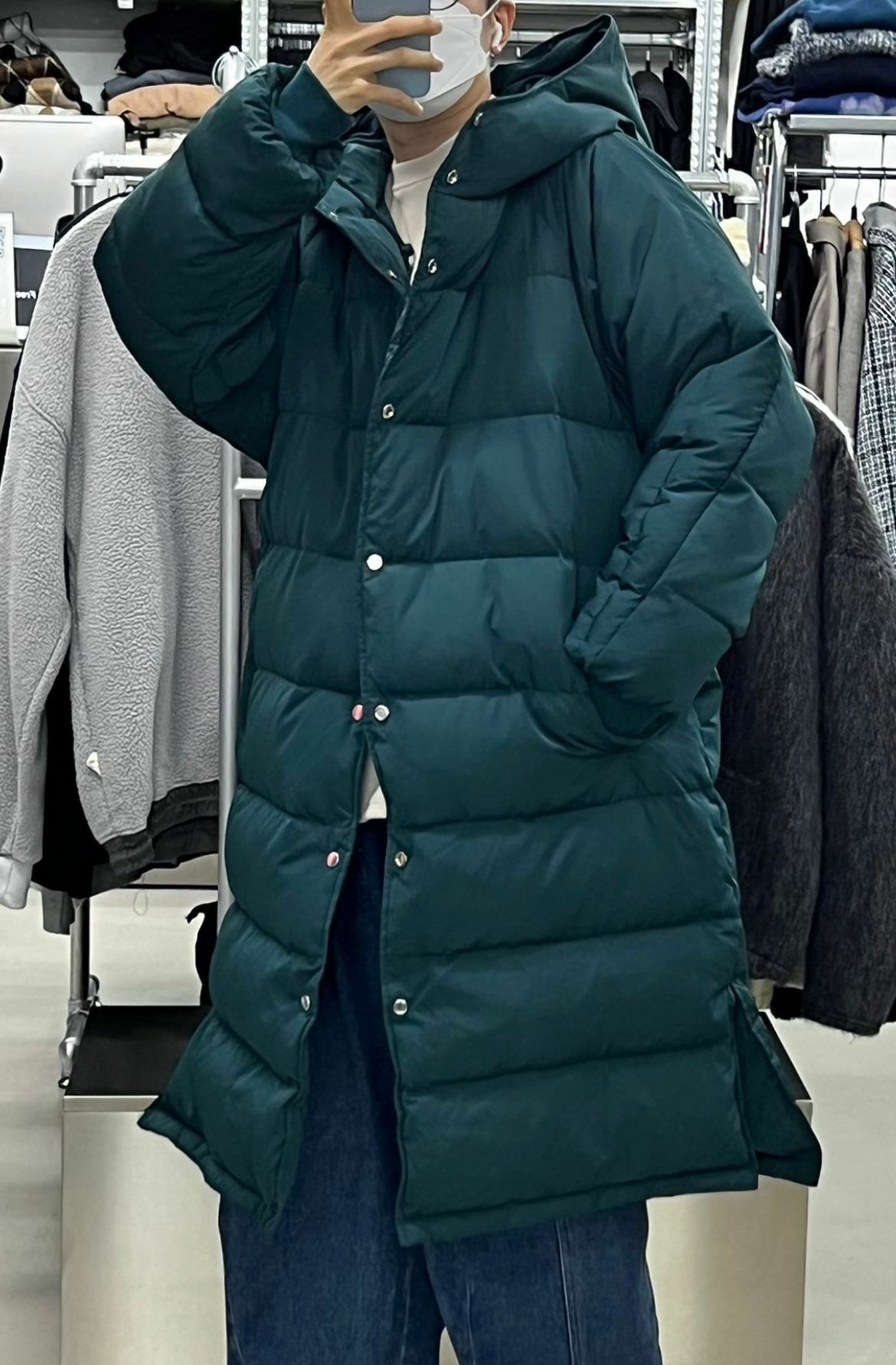 綠色連帽羽絨長褸(雙面)