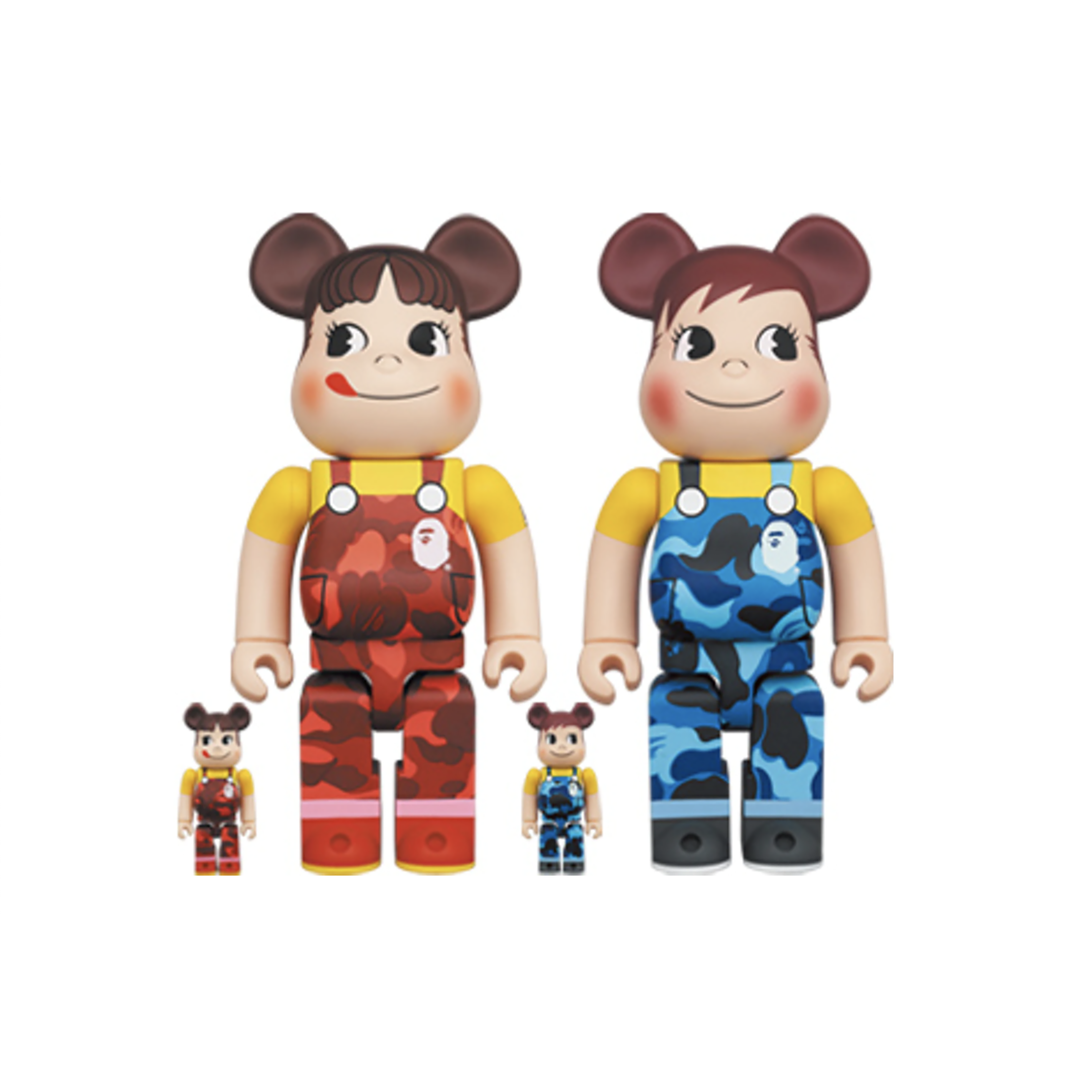 BE@RBRICK X A BATHING APE X FUJIYA PEKO & POKO 三方聯名 不二家 藍/紅迷彩吊帶褲 一組不拆售