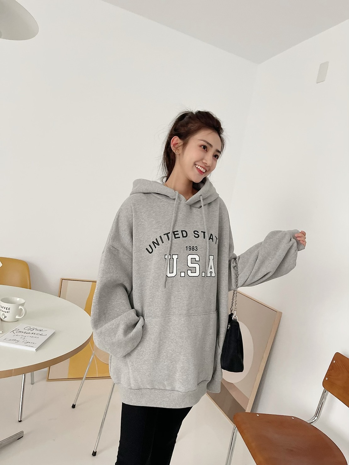 🔥01.05直播新品］♥️闆娘最愛款］🇰🇷正韓超可愛英文字USA內磨毛帽t（可愛灰/三色）