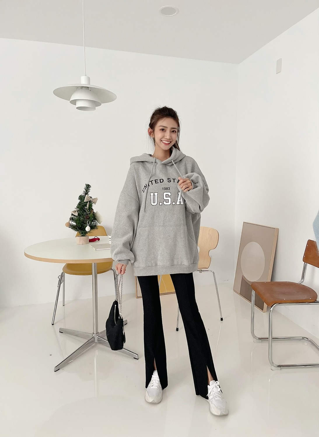 🔥01.05直播新品］♥️闆娘最愛款］🇰🇷正韓超可愛英文字USA內磨毛帽t（可愛灰/三色）