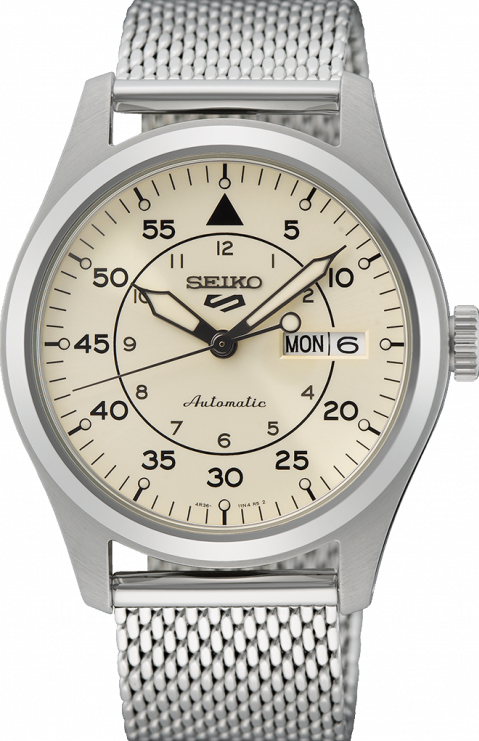 萬年鐘錶 - SEIKO  5 Sports  軍用造型白面米蘭錶帶機械男錶  SRPH21K1 / 4R36-10A0S   錶徑39.4MM
