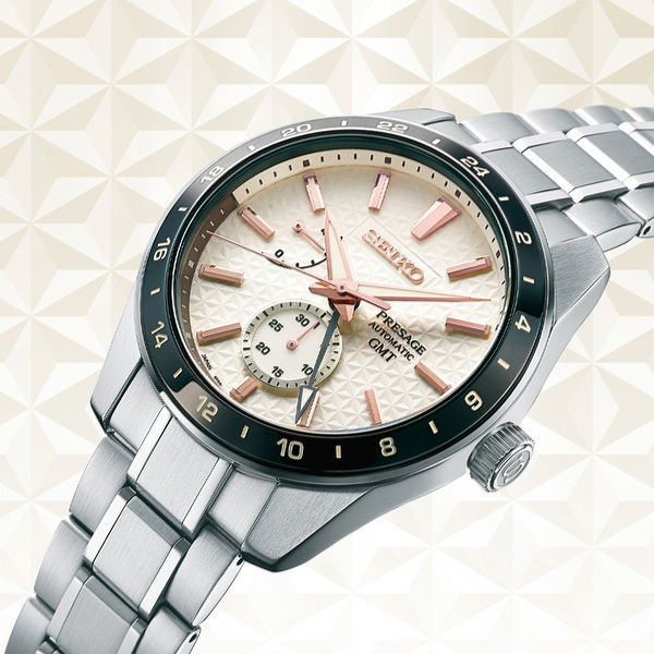 萬年鐘錶 - SEIKO Presage    胡粉光芒麻葉圖紋GMT紳士時尚機械錶  6R64-00G0S / SPB273J1  錶徑42.2MM
