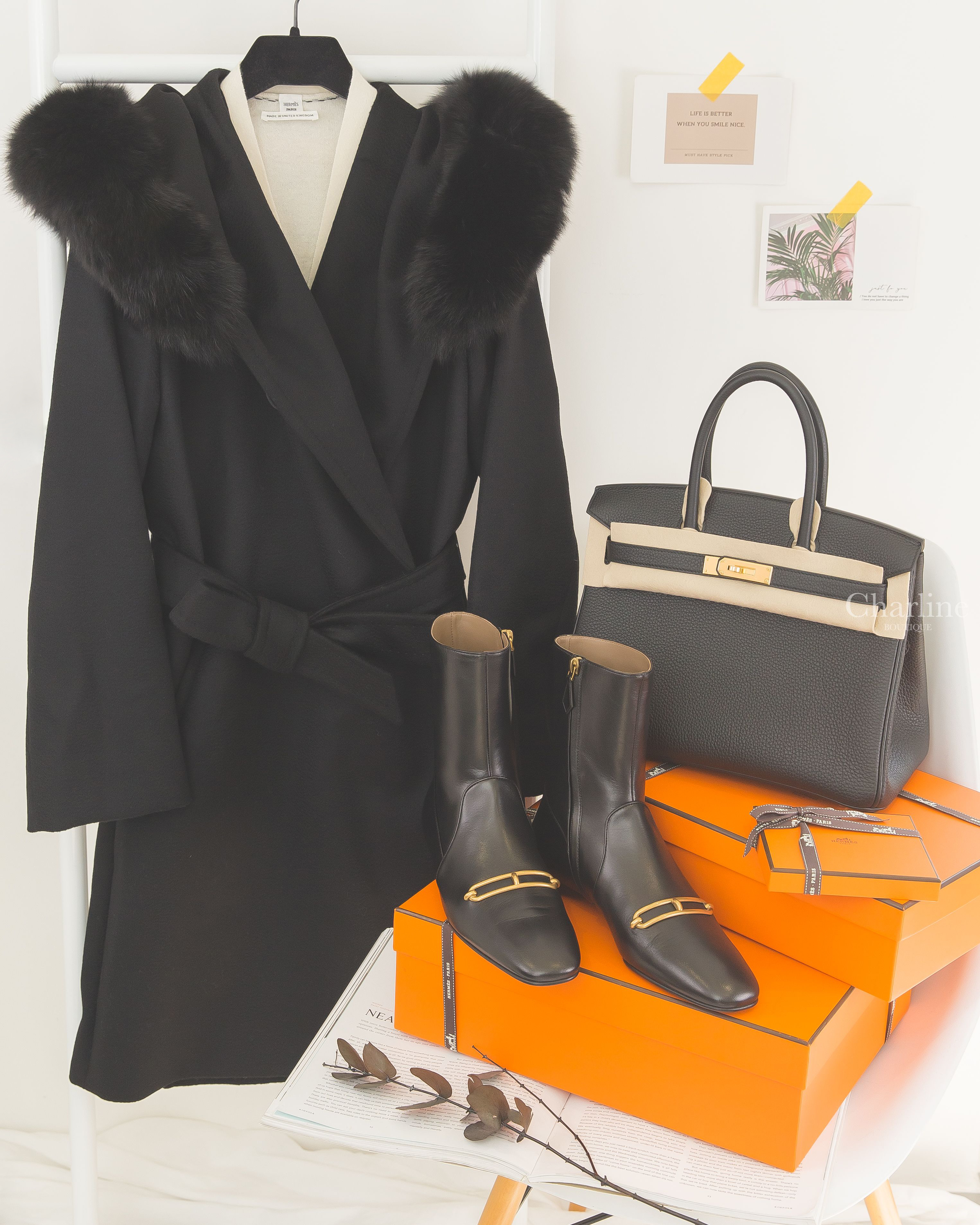 Hermès Dora Boot 黑色金色θ山羊皮低跟踝靴,Hermès Birkin 30cm 89 Noir Togo 黑色金釦,Max Mara Coat 黑色可拆式狐狸毛領附腰帶羊毛長版長袖外套-Charline Boutique 精品代購