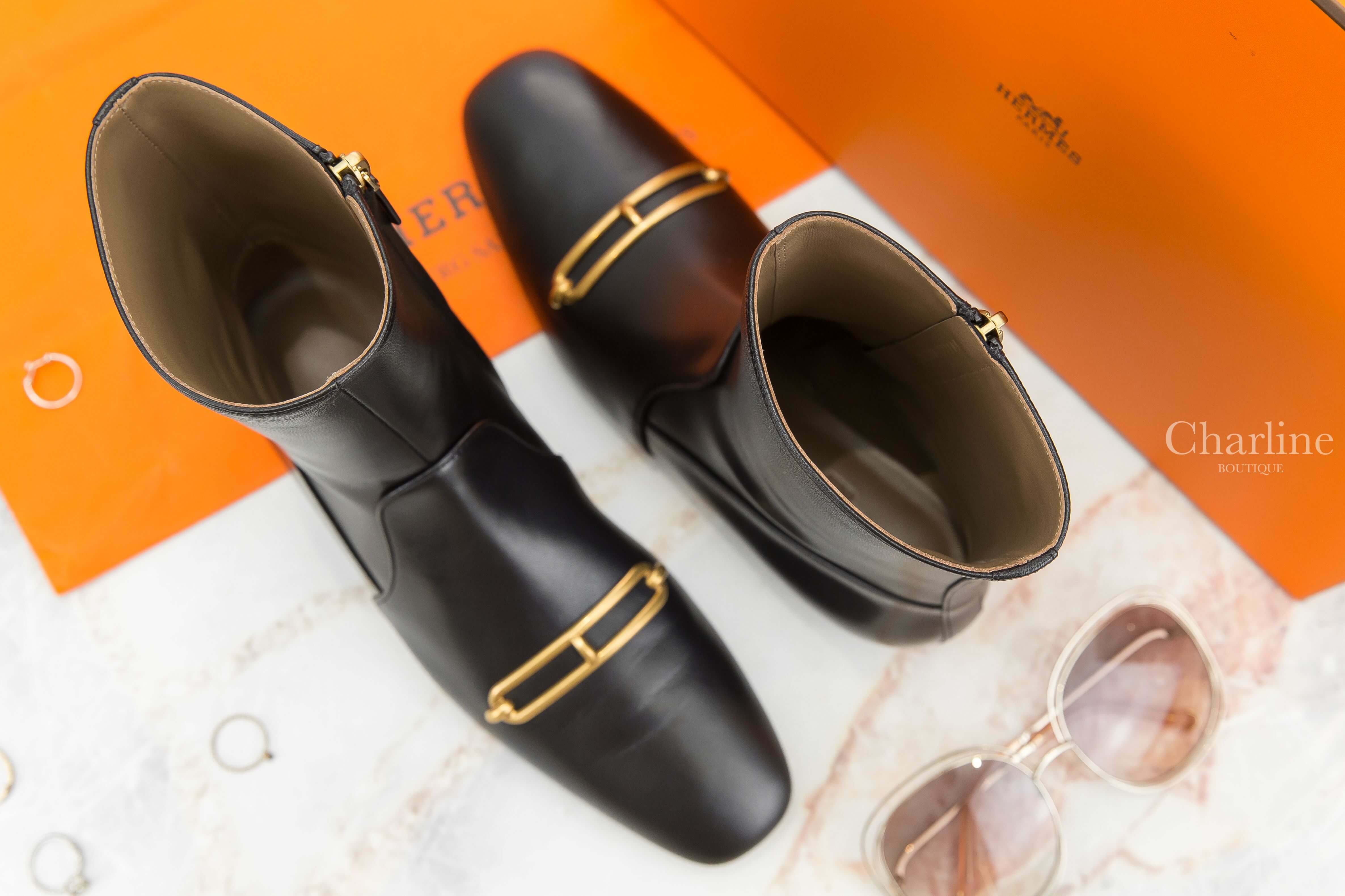 Hermès Dora Ankle Boot 黑色金色θ山羊皮低跟踝靴-Charline Boutique 精品代購