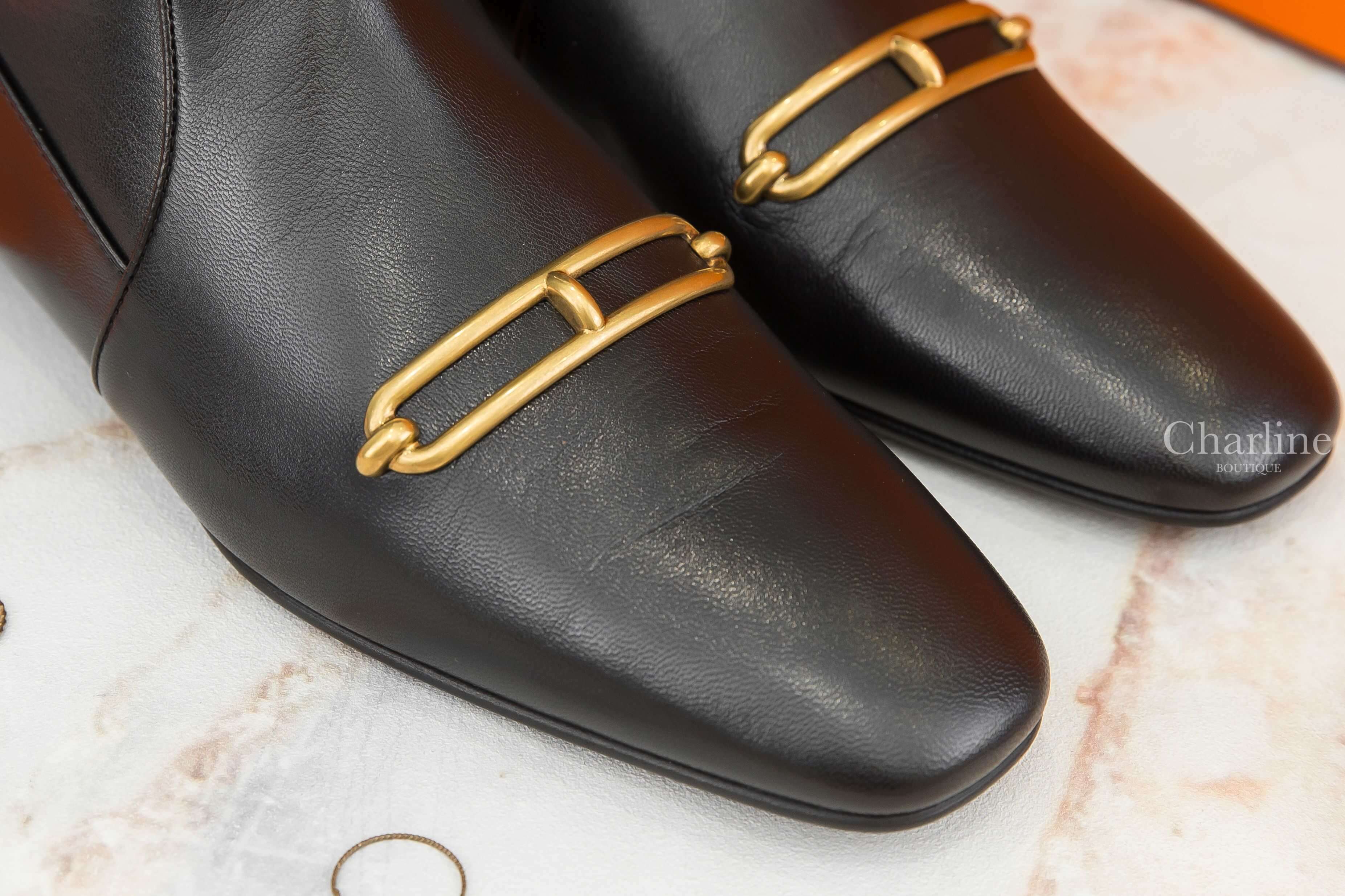 Hermès Dora Ankle Boot 黑色金色θ山羊皮低跟踝靴