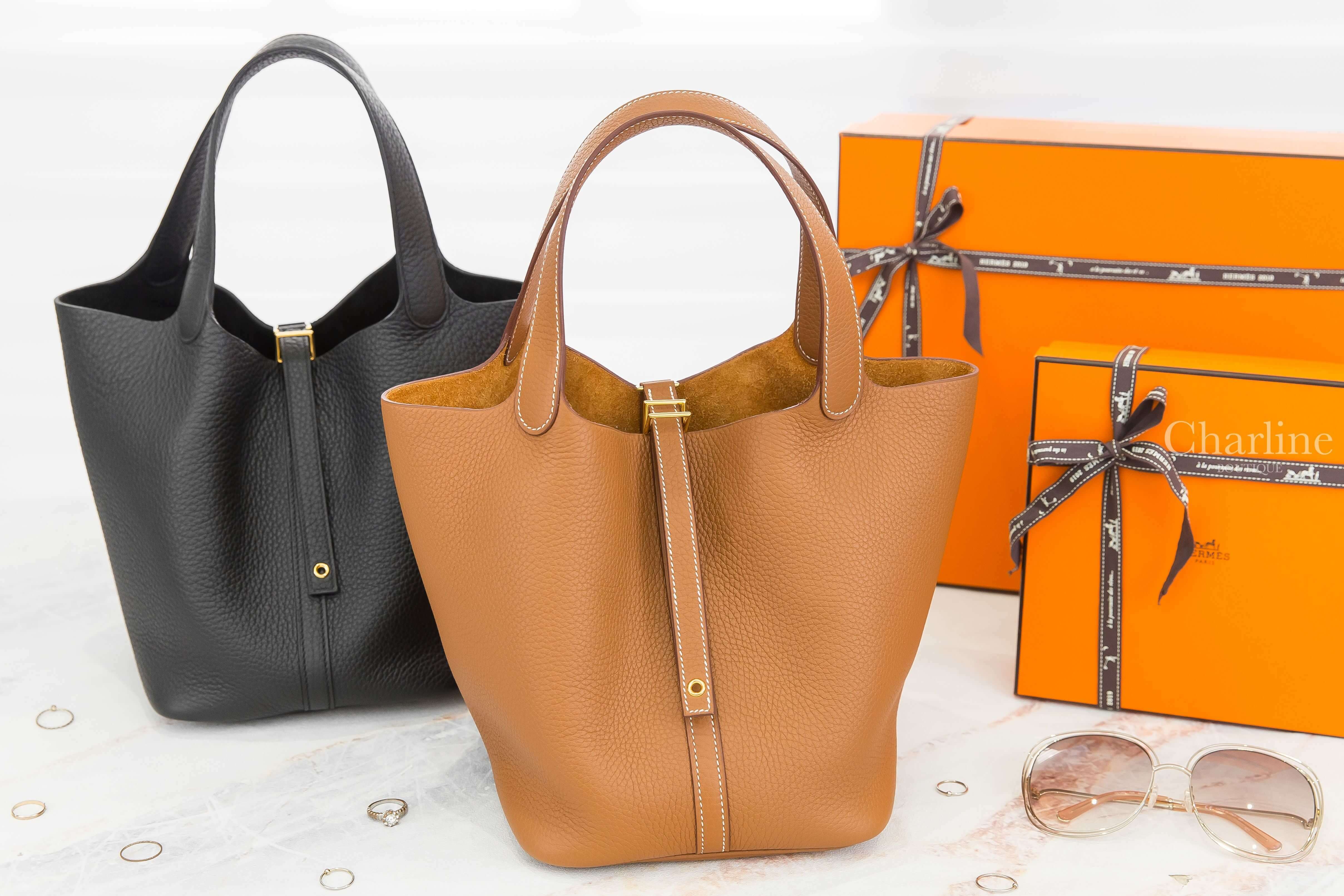 Hermès Picotin 22cm 37 Taurillon Clemence 焦糖色金釦,Hermès Picotin 22cm 89 Taurillon Clemence 黑色金釦-Charline Boutique 精品代購