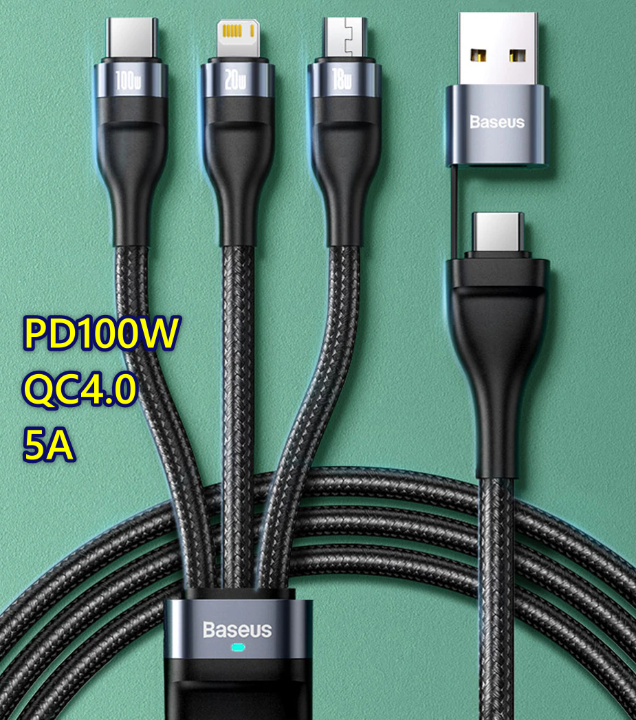 Baseus 100W雙頭三輸出快充數據線(PD100W/20W/QC18W/Apple/iphone/Android/ipad/notebook)