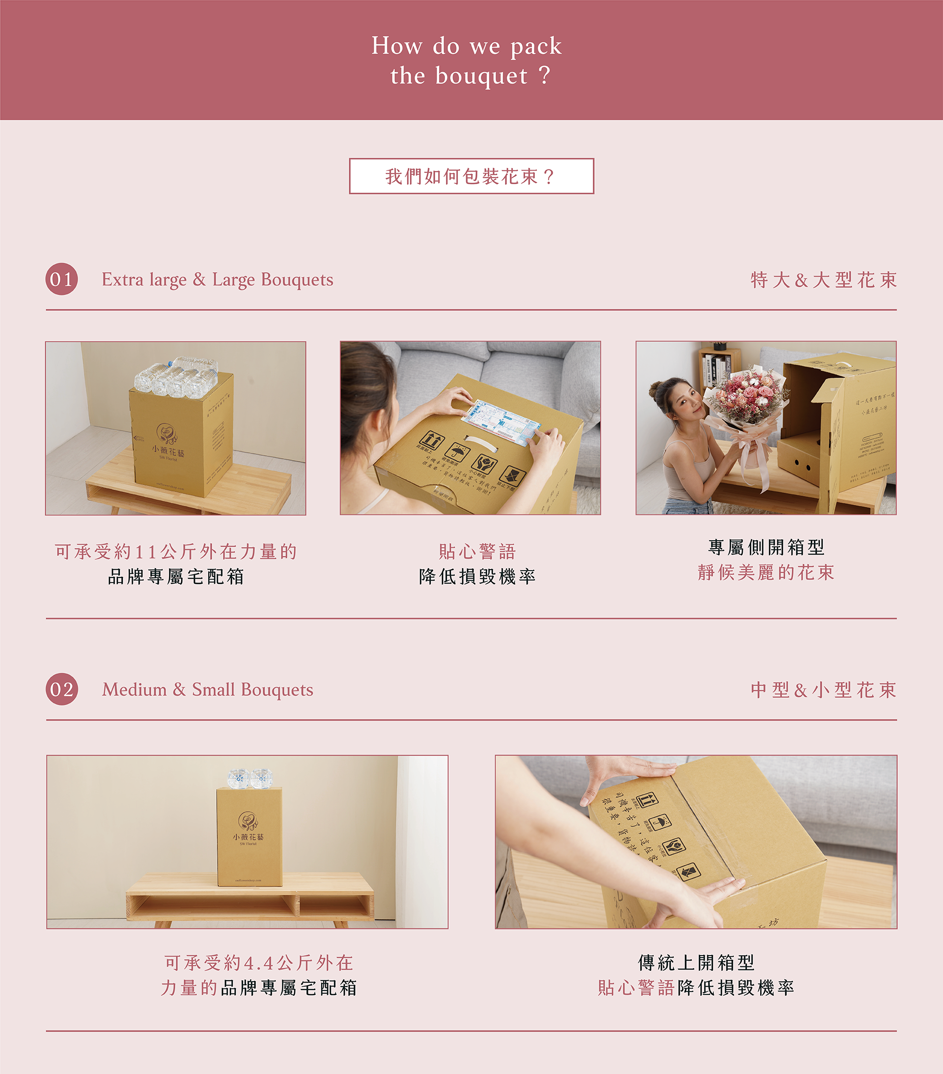 新竹乾燥花店小薇花藝的特大花束、大型花束備有專屬宅配箱，側開設計時尚感十足！中型花束、小型花束則採用經典上開箱型！花束宅配箱皆加強耐重，讓你降低花束壓毀的煩惱！