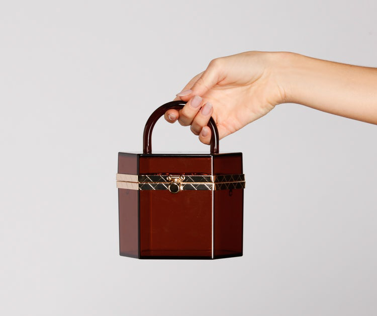 Brown Retro Lux 咖啡色透明奢華金飾邊硬殼手拿包