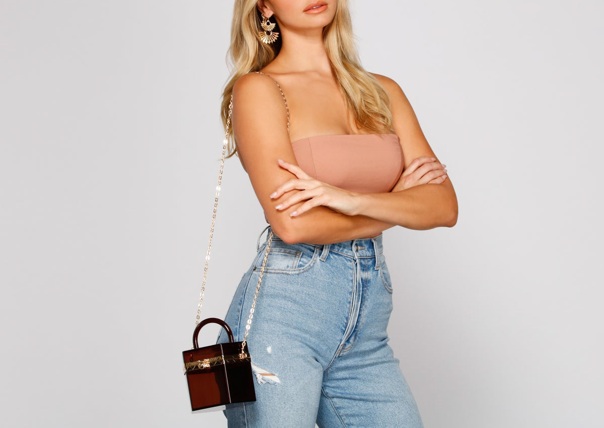 Brown Retro Lux 咖啡色透明奢華金飾邊硬殼手拿包