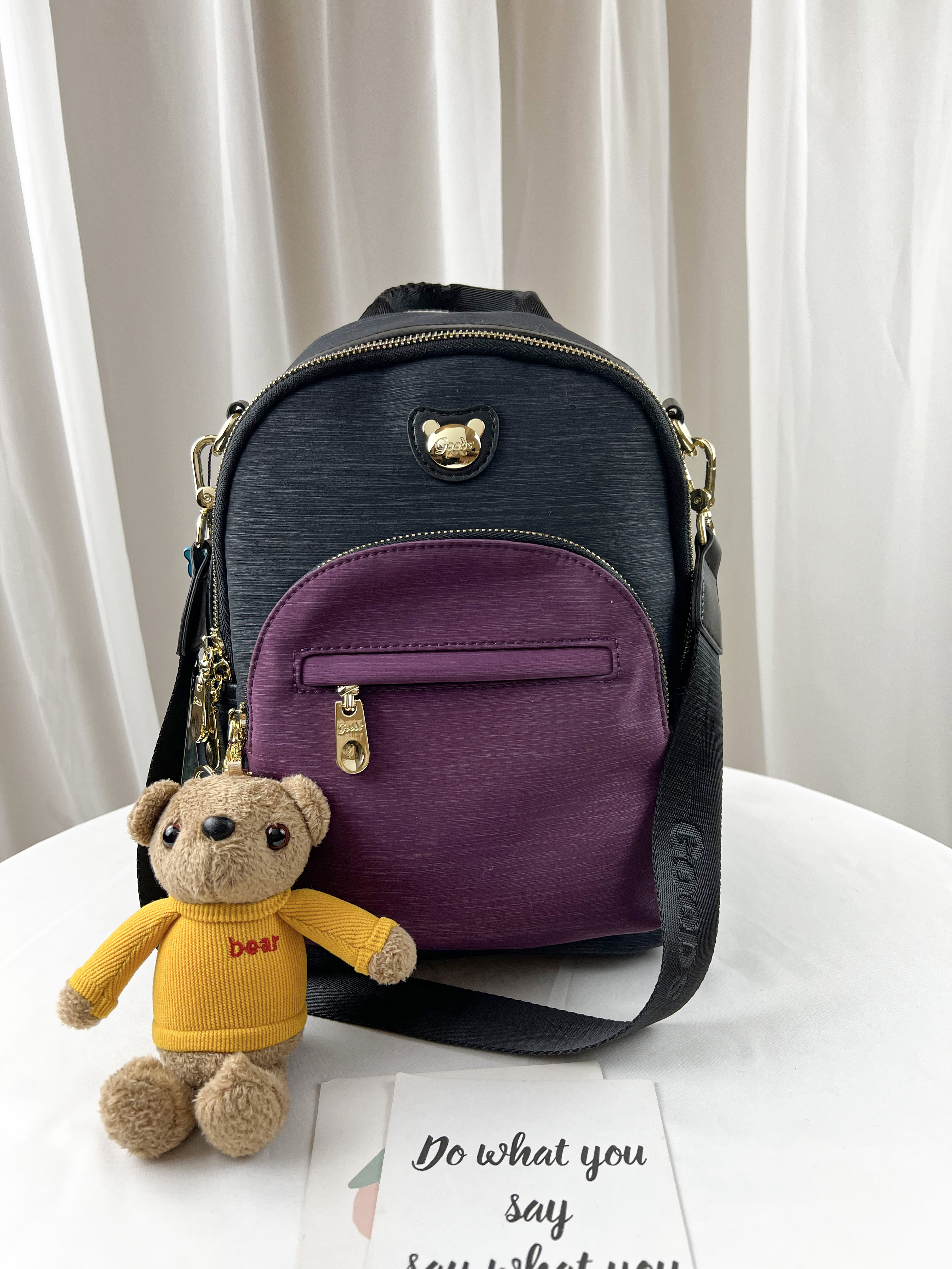GOODS 黑紫拼色 防潑水後背包 / 側背包 附小熊吊飾 #2794