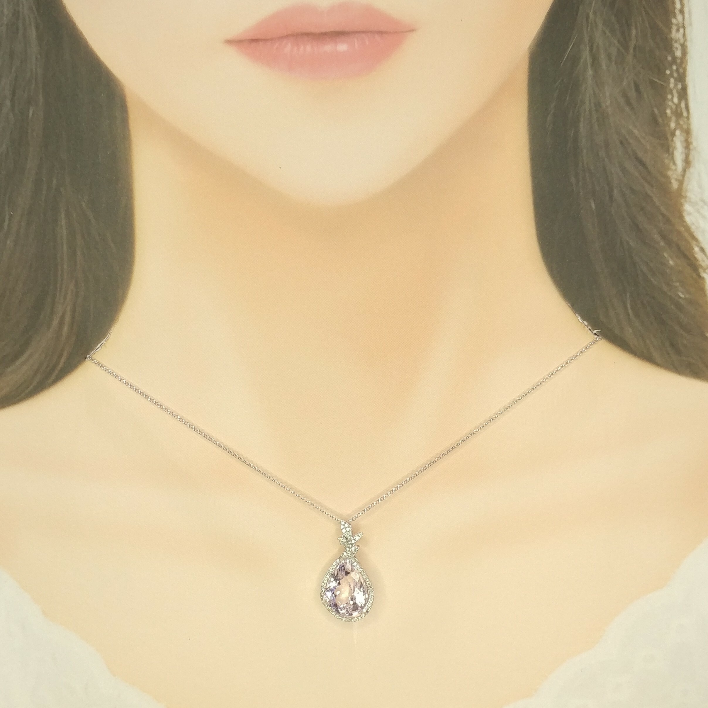 18K White Gold 9.76ct Kunzite and Diamond Pendant