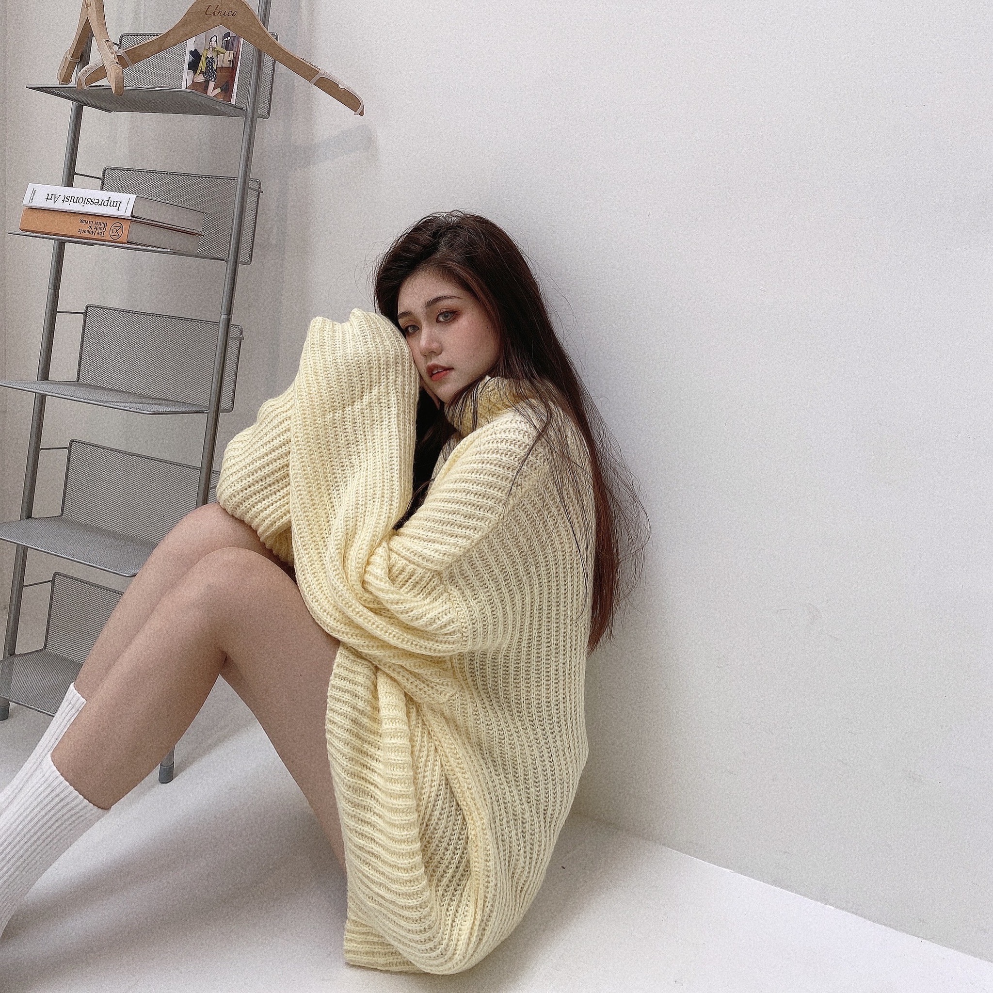 高領領粗針織寬袖毛衣/三色