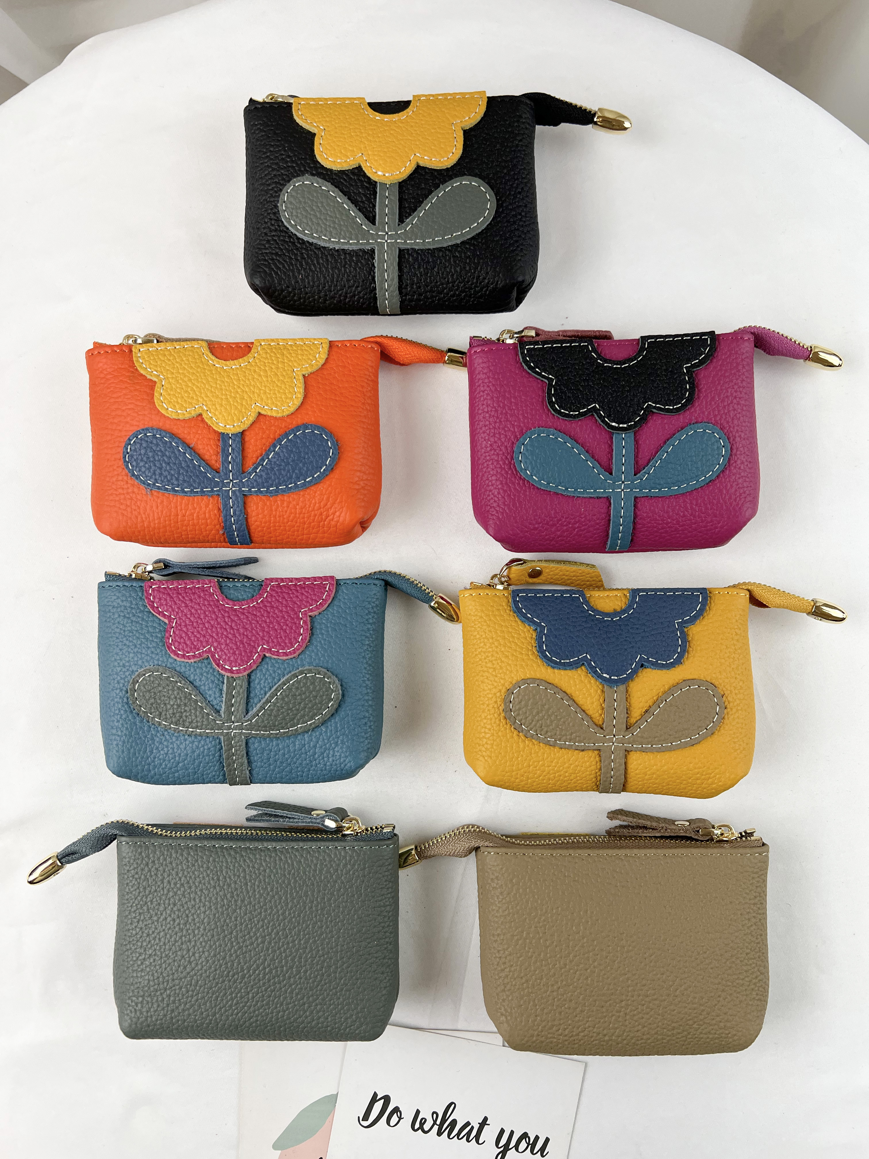 韓國花朵拼色真皮牛皮零錢包 #2203