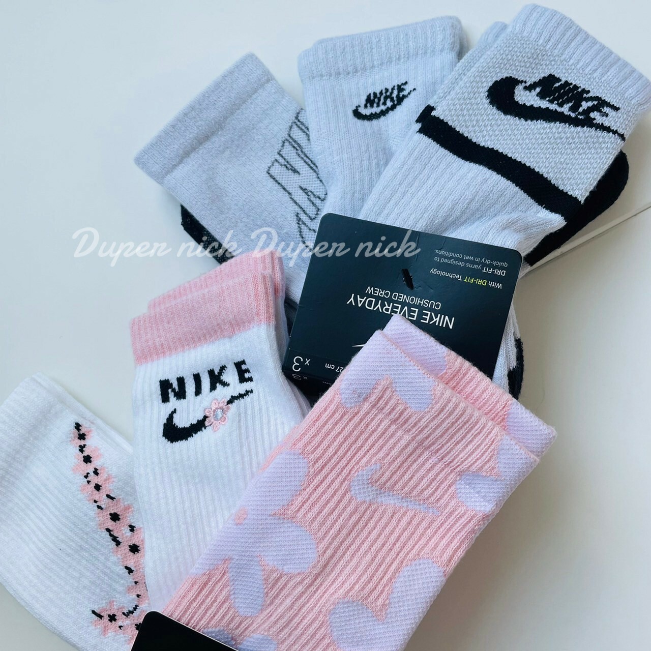 NIKE EVERYDAY 白粉櫻花 白灰LOGO 長襪