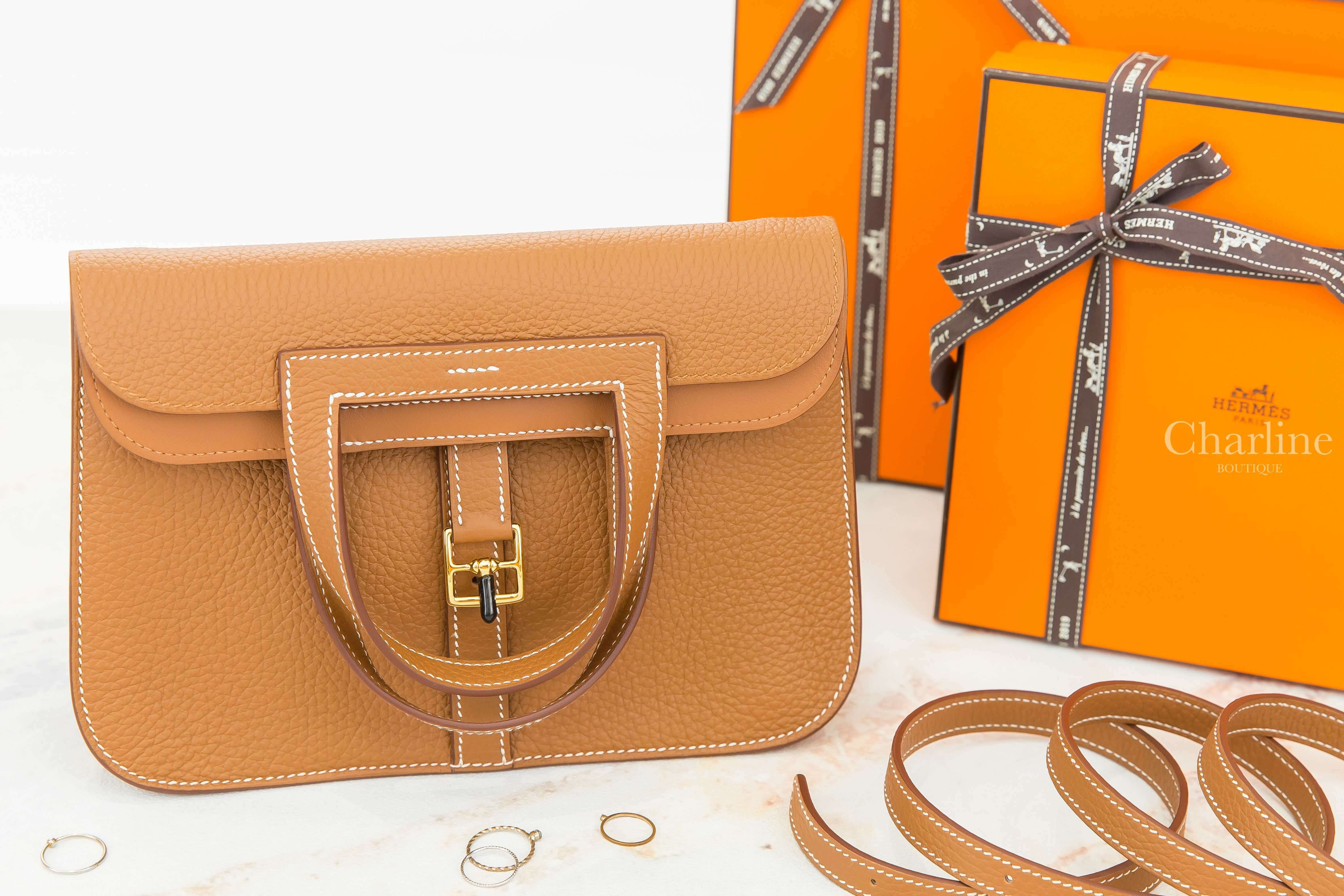 Hermès Halzan 25cm 37 Gold Taurillon Clemence 焦糖色金釦手提肩背包