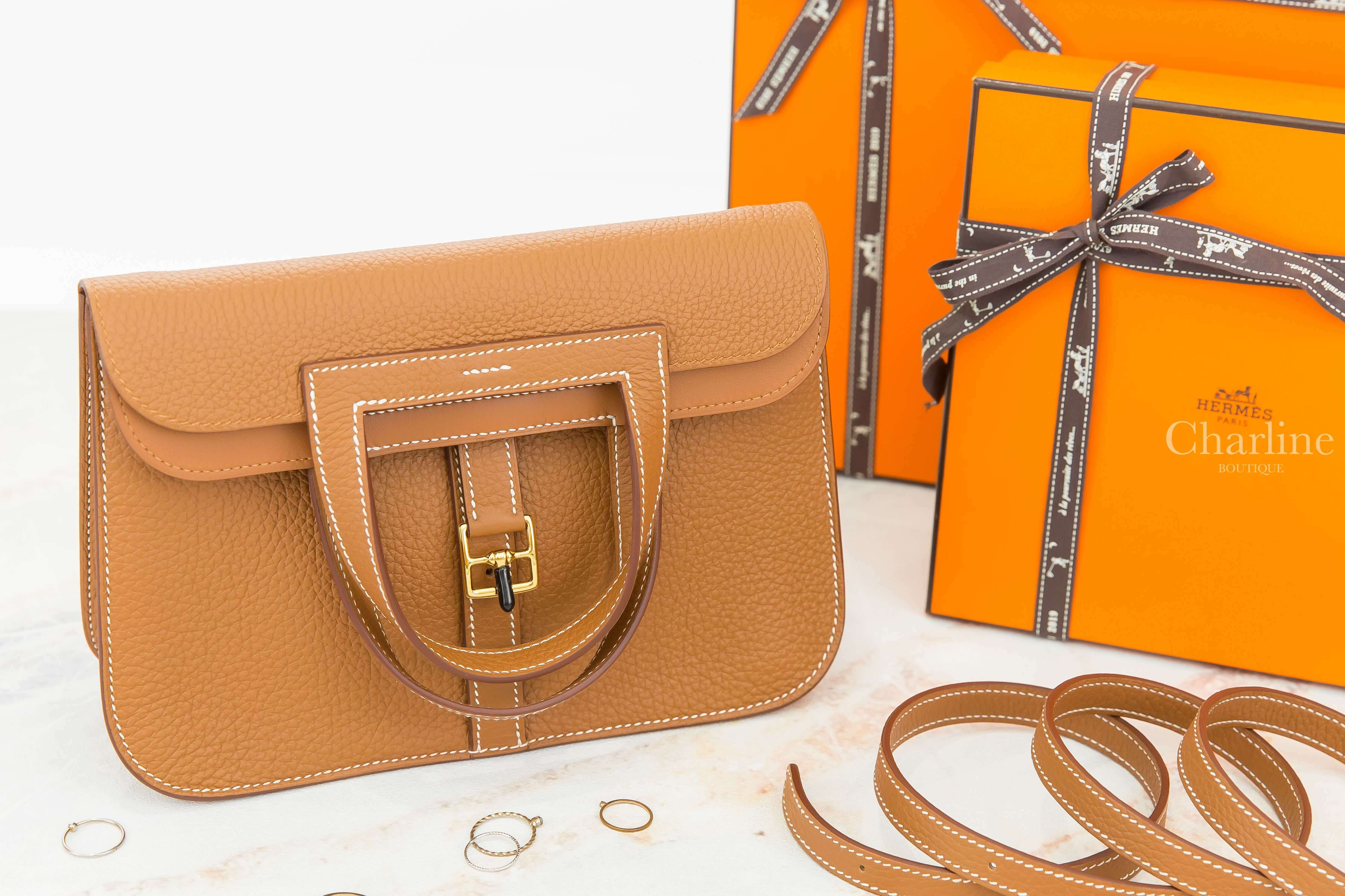Hermès Sac Halzan 25cm 37 Gold Taurillon Clemence Z刻焦糖色金釦手提肩背包-Charline Boutique 精品代購