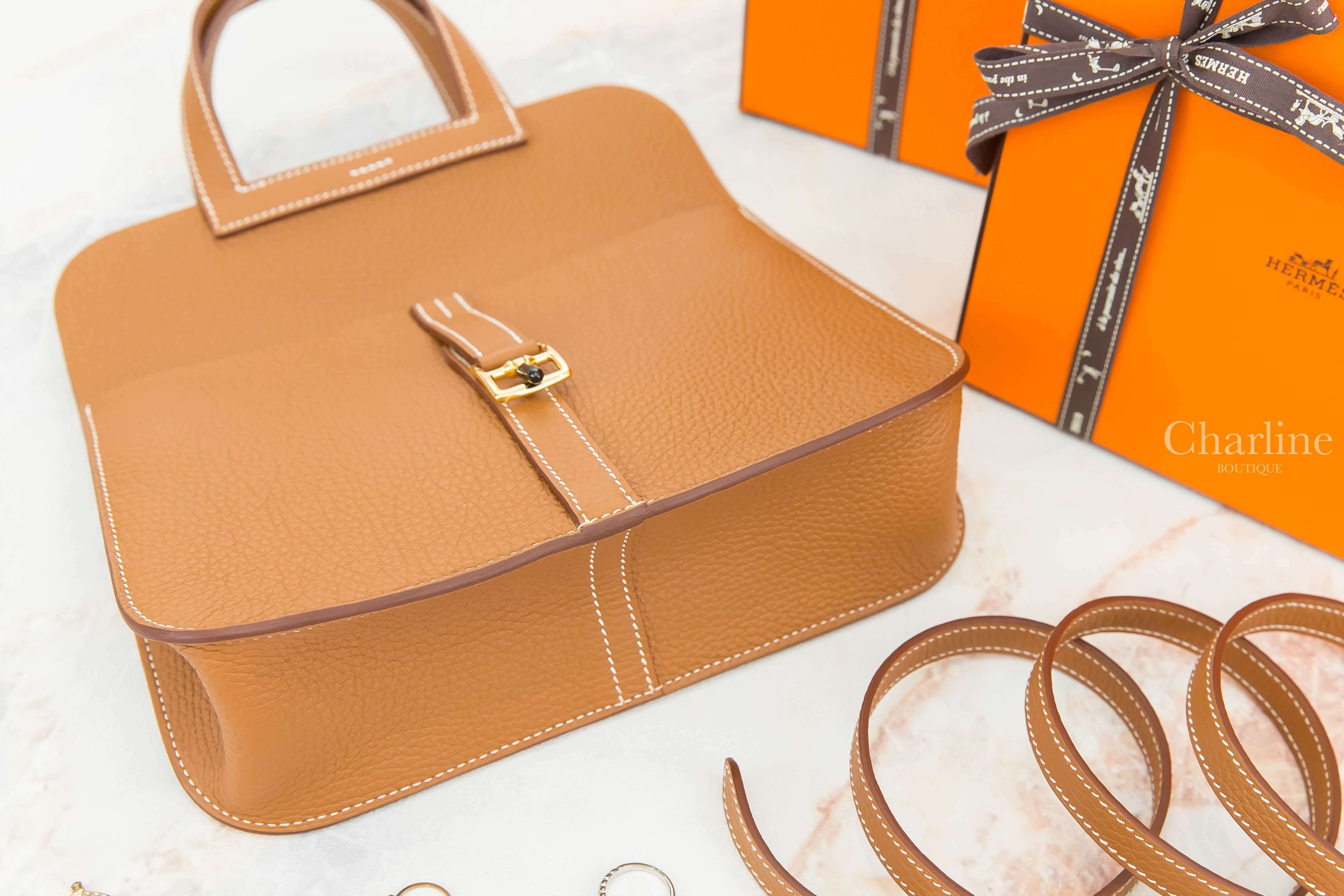 Hermès Sac Halzan 25cm 37 Gold Taurillon Clemence Z刻焦糖色金釦手提肩背包-Charline Boutique 精品代購