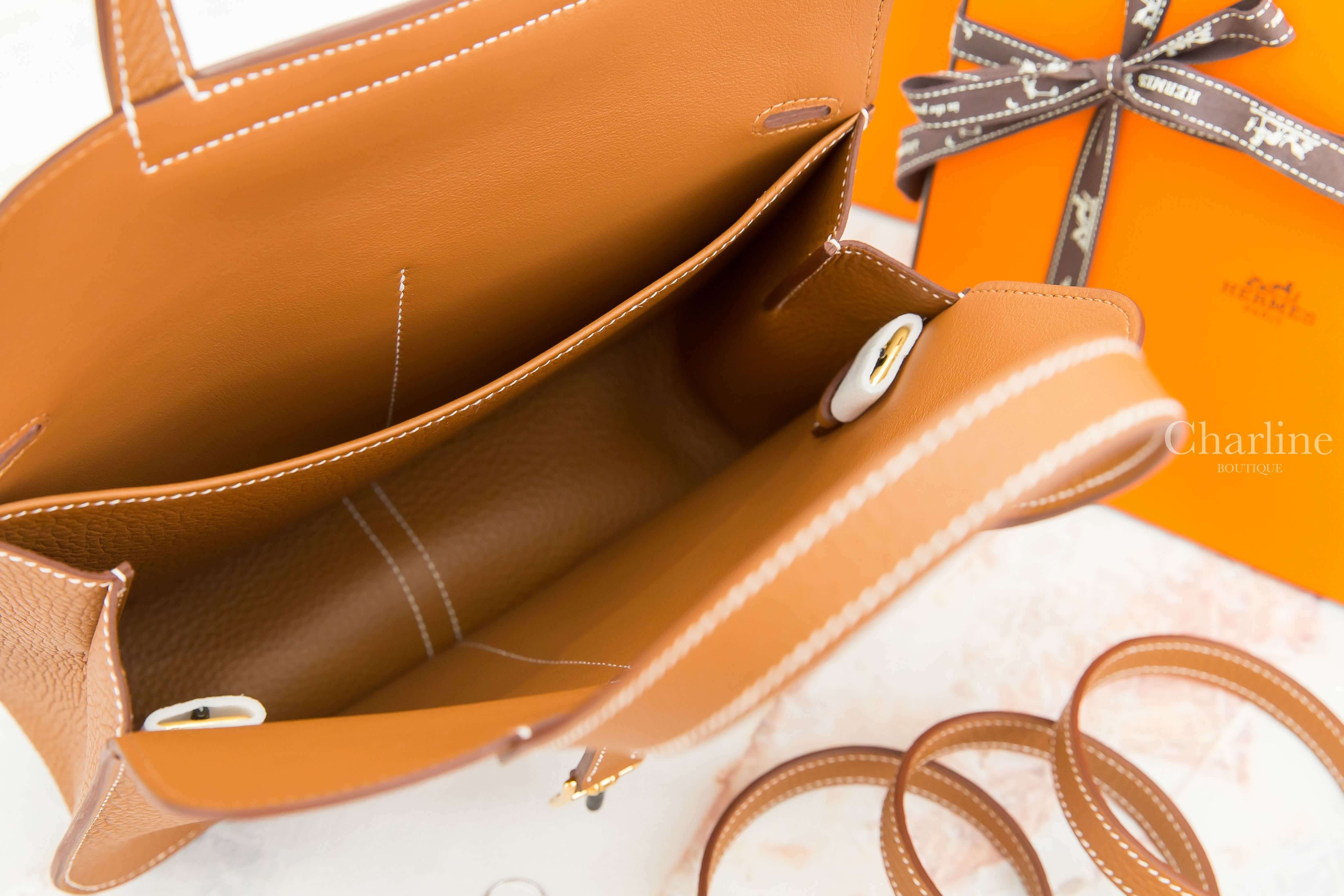 Hermès Sac Halzan 25cm 37 Gold Taurillon Clemence Z刻焦糖色金釦手提肩背包-Charline Boutique 精品代購