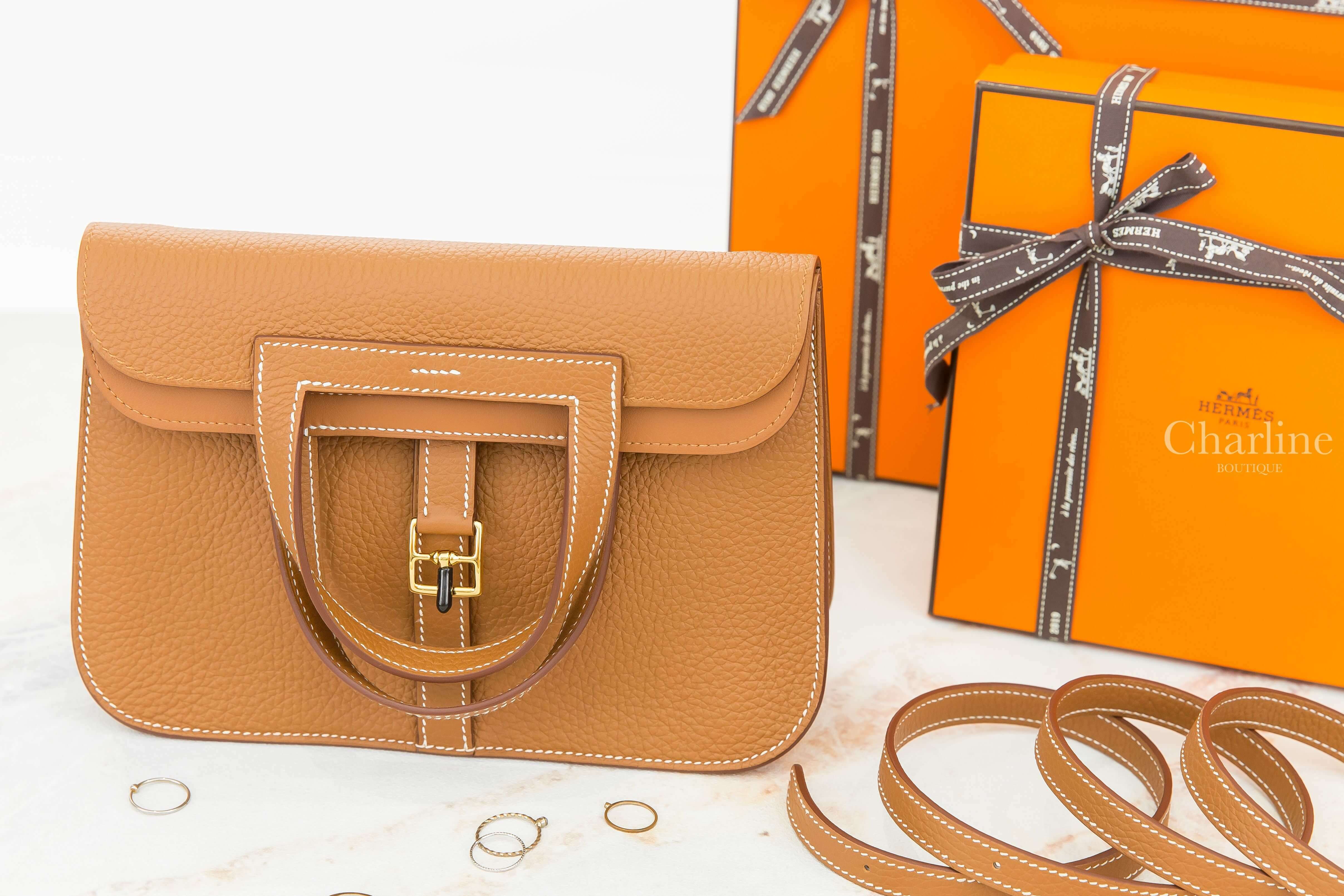 Hermès Sac Halzan 25cm 37 Gold Taurillon Clemence Z刻焦糖色金釦手提肩背包-Charline Boutique 精品代購