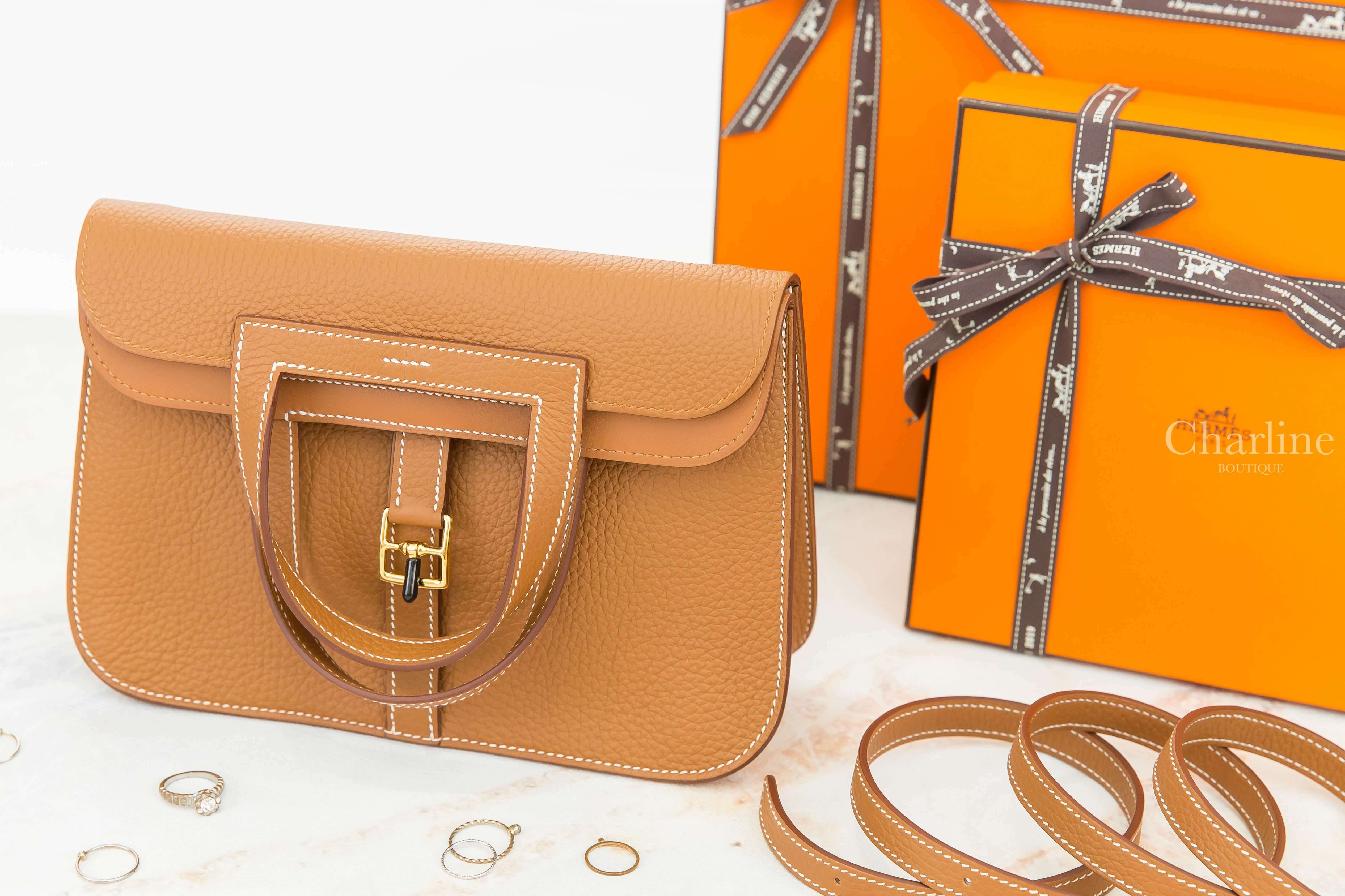 Hermès Sac Halzan 25cm 37 Gold Taurillon Clemence Z刻焦糖色金釦手提肩背包-Charline Boutique 精品代購