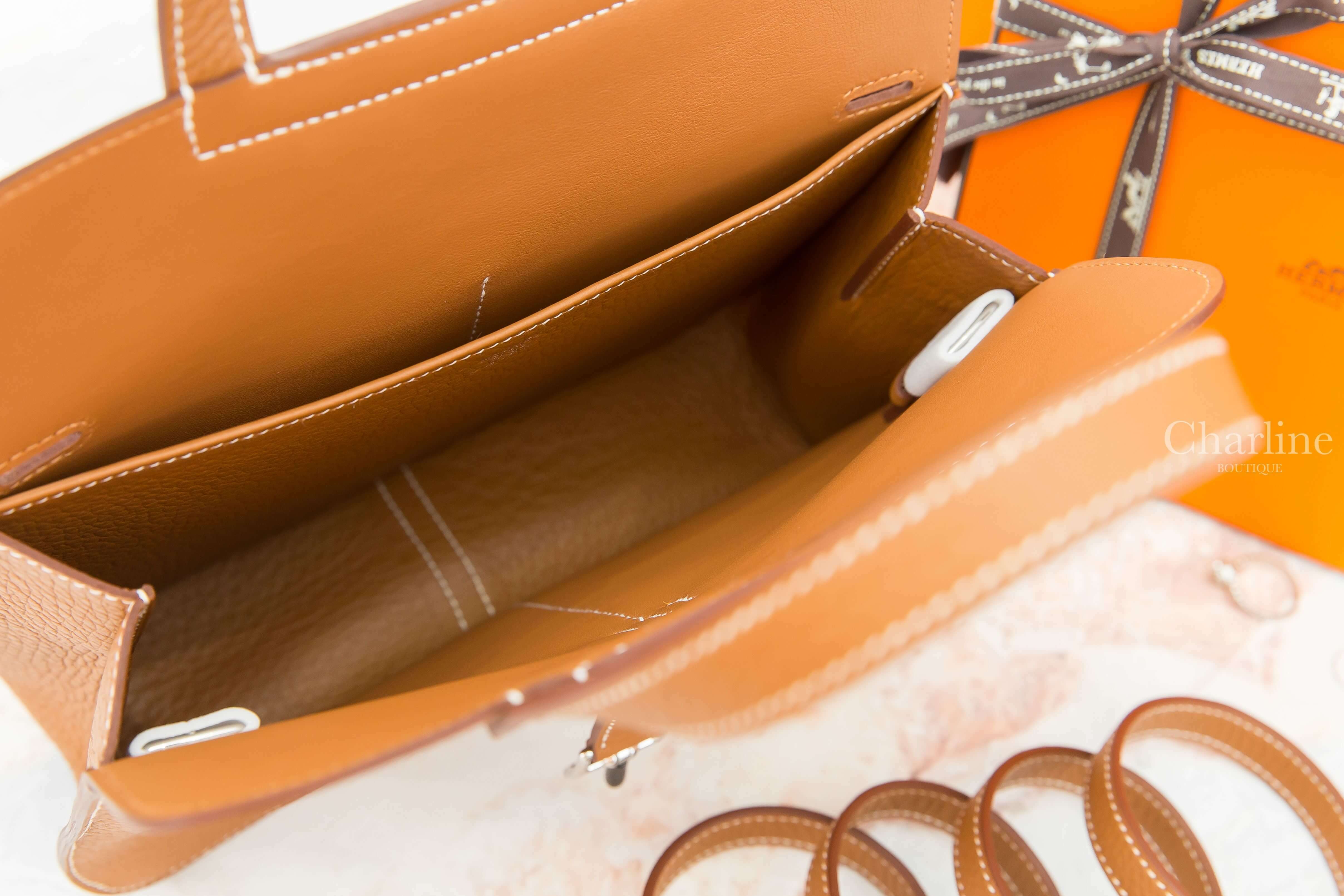 Hermès Sac Halzan 25cm 37 Gold Taurillon Clemence Z刻焦糖色銀釦手提肩背包-Charline Boutique 精品代購