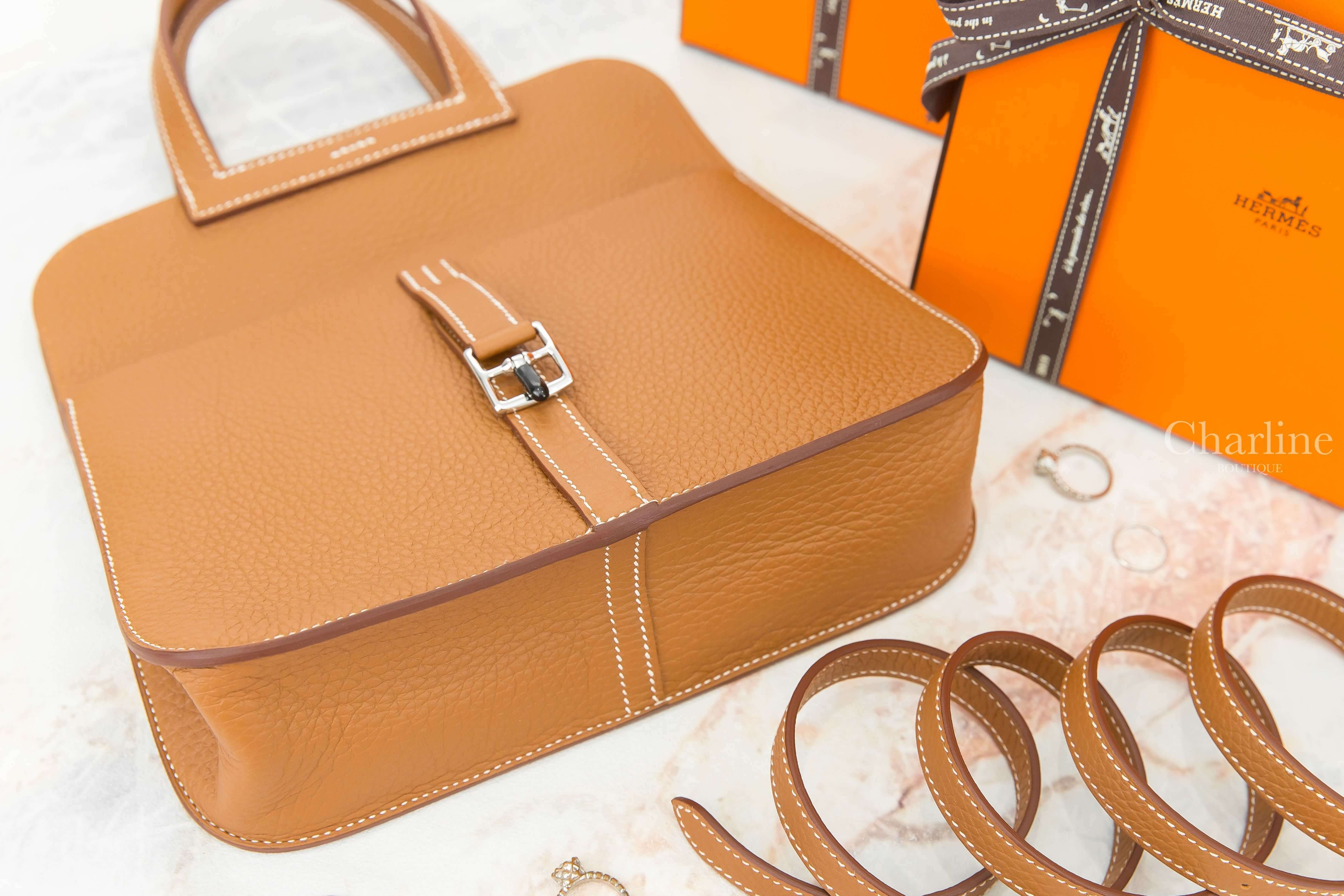 Hermès Sac Halzan 25cm 37 Gold Taurillon Clemence Z刻焦糖色銀釦手提肩背包-Charline Boutique 精品代購