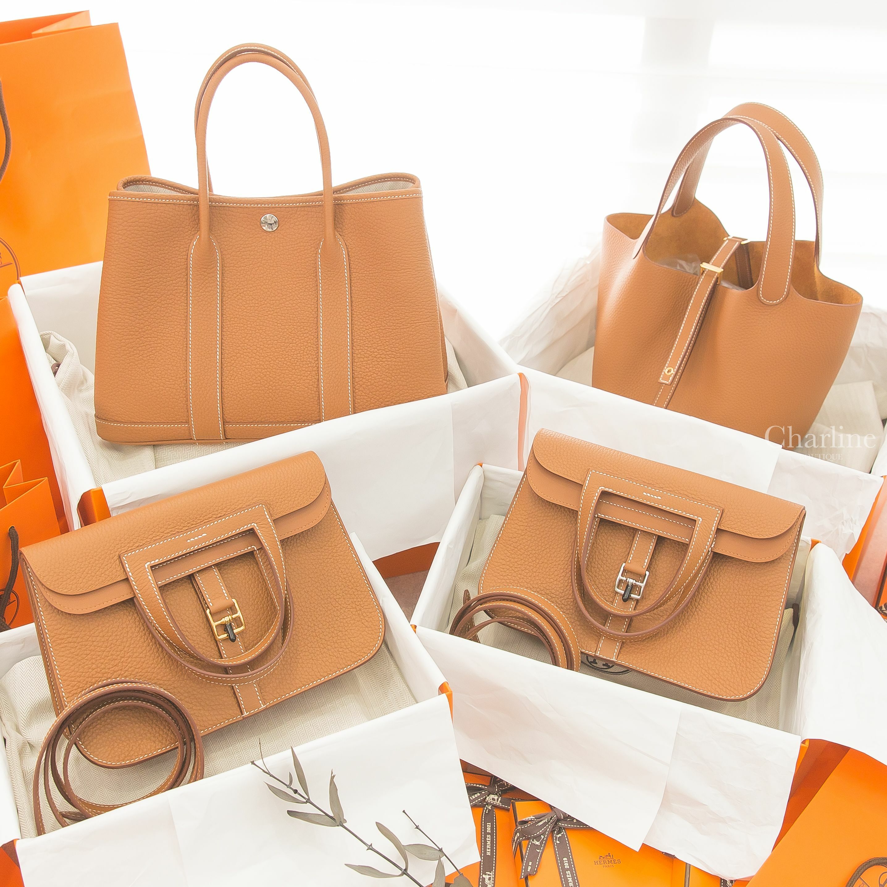Hermès Halzan 25cm 37 焦糖色金釦,Halzan 25cm 37 焦糖色銀釦,Garden Party 30cm 37 焦糖色肩背包,Picotin 22cm 37 焦糖色金釦-Charline Boutique 精品代購