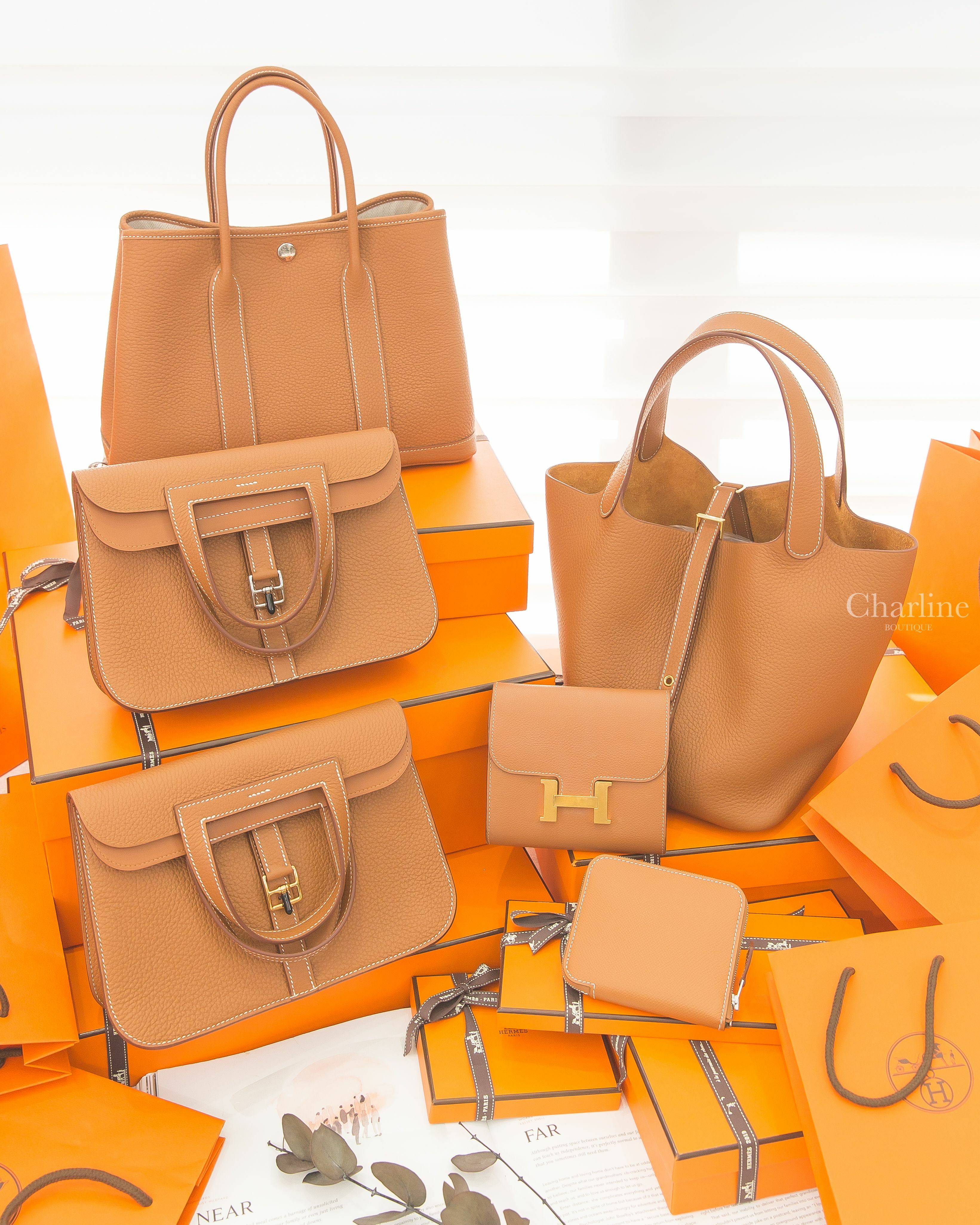 Hermès Halzan 焦糖金釦,Halzan 焦糖銀釦,Garden Party 焦糖色,Picotin 焦糖金釦,Silk Wallet 焦糖色短夾,Constance Compact 焦糖金釦-Charline Boutique 精品代購