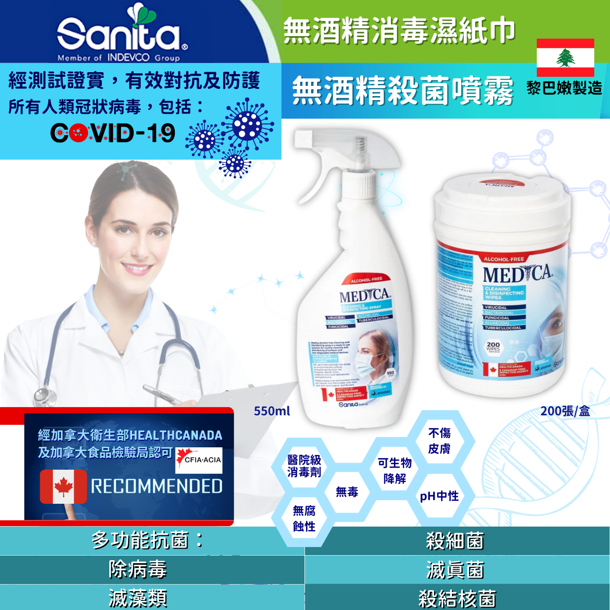 【Medica無酒精消毒套裝】Medica 消毒濕紙巾🧻,200張 + Medica 雙頭消毒噴霧  (液體 / 泡沫), 550ml