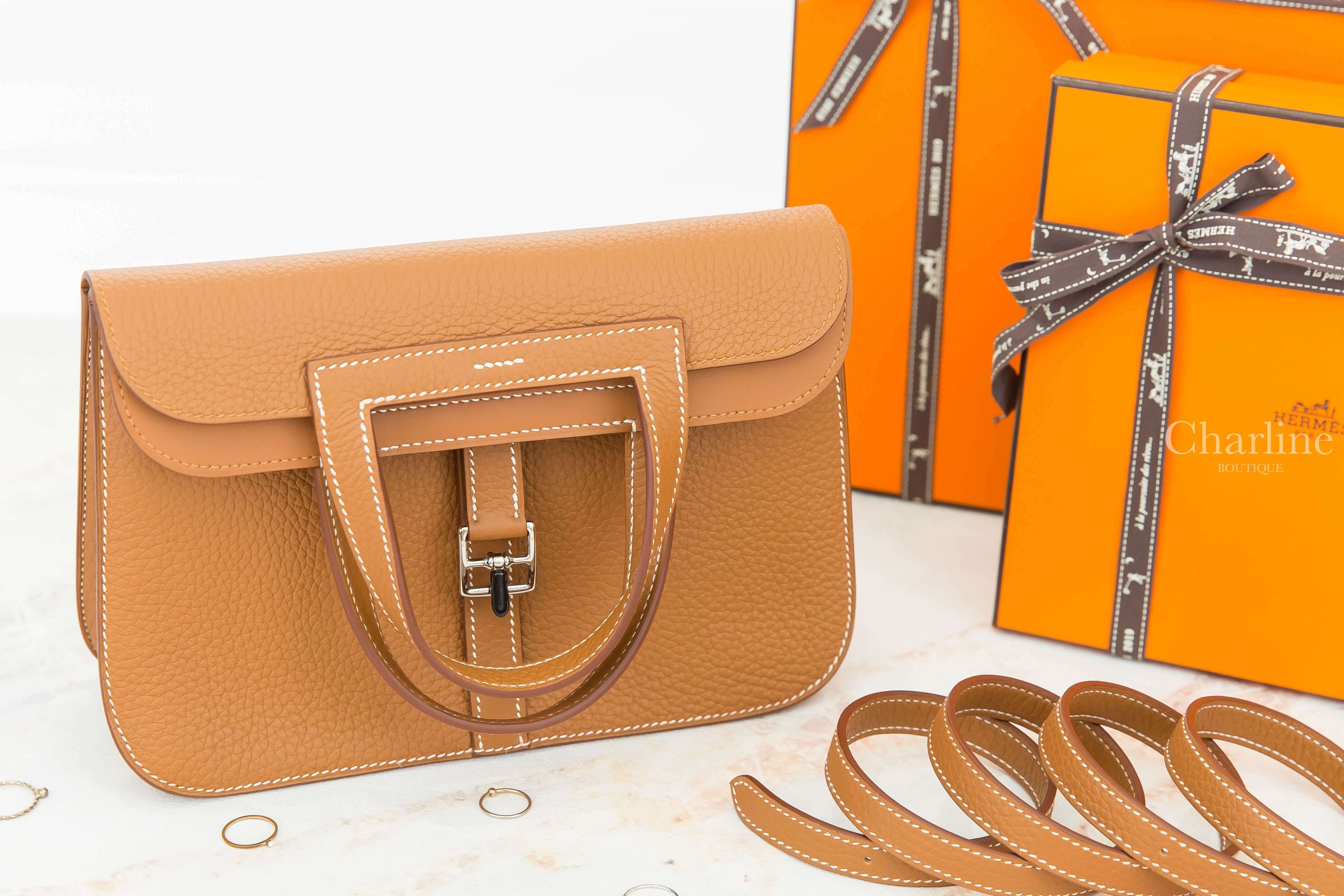 Hermès Sac Halzan 25cm 37 Gold Taurillon Clemence Z刻焦糖色銀釦手提肩背包-Charline Boutique 精品代購